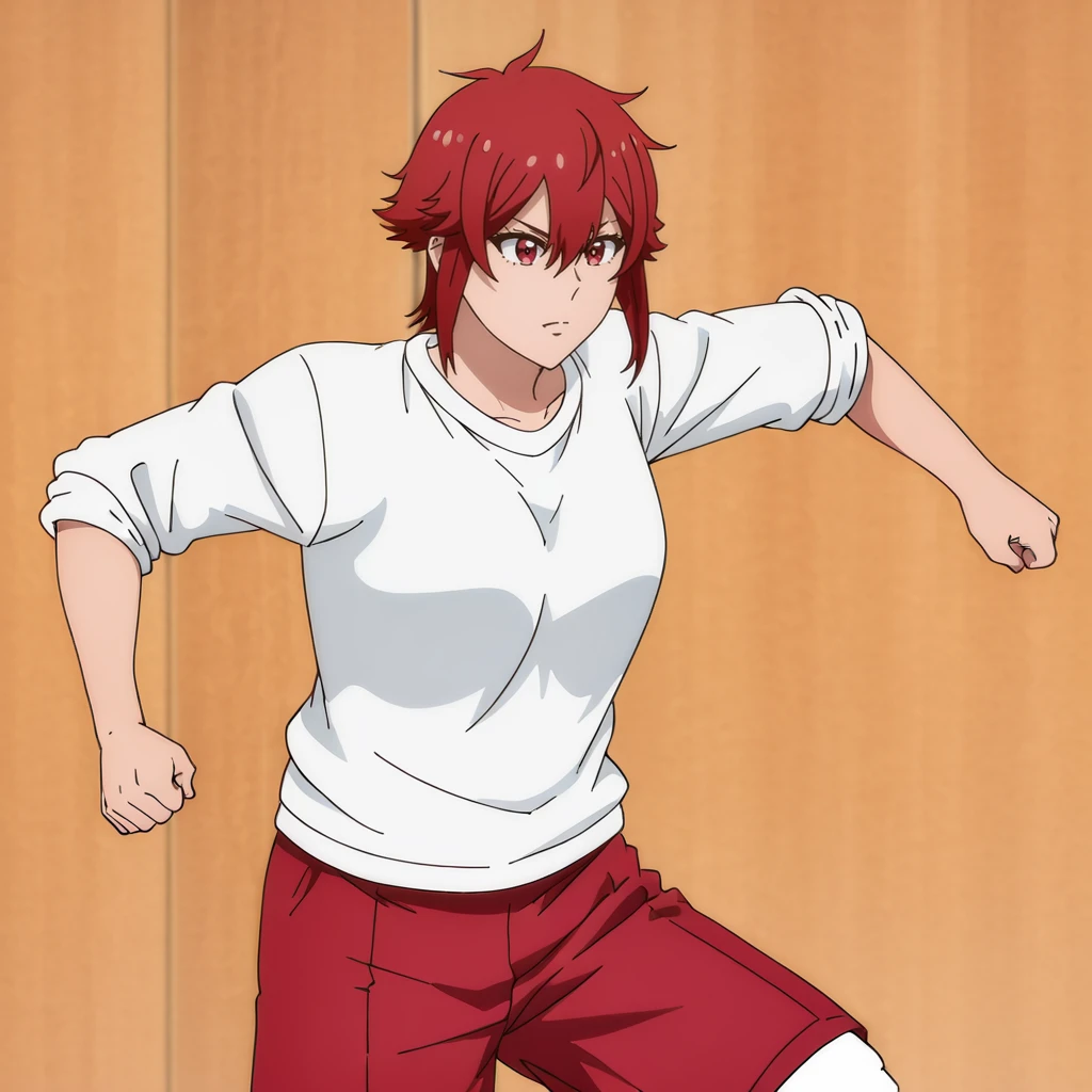 <lora:Tomo_illustrious_v1:1>TomoGymClothes, red hair, red eyes, red shorts, 1girl, white shirt, short hair, sleeves rolled up, hair between eyes, cowboy shot