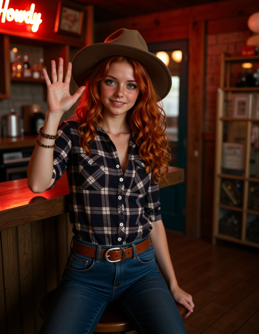 <lora:Gingerella_-_OC_For_Flux:1> a realistic cinematic photo of g1ng3r3ll4_flux woman with ginger hair, olive green eyes, freckles, long curly and wavy hair, her body type is petite and busty, She wears a western outfit comprised of a flannel button shirt, denim jeans, a leather belt with shiny buckle, cowboy boots and a cowboy hat, she waves at the viewer while sitting on a wooden stool, the scenery is that of a western style bar and on the wall behind her is a neon sign that says "Howdy", the scene is at night and it is dark and moody,