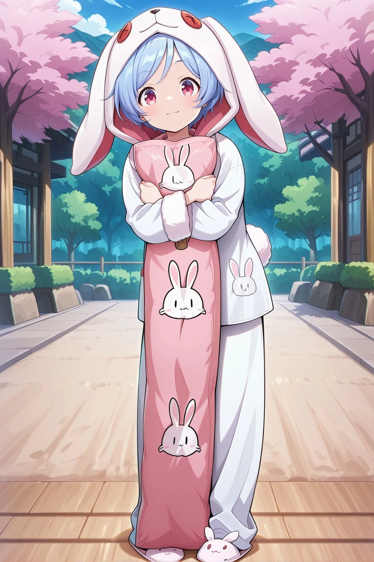 absurdres, highres, masterpiece, best quality, amazing quality, official anime artwork, screencap, anime screencap, outdoors, looking at viewer, light smile, dynamic pose,
<lora:Rei'sen_Illustrious:1> rei'sen, 1girl, solo, pink eyes, blue hair, short hair, rabbit ears, floppy ears, rabbit tail,, reisen \(mischievous good girl rabbit\), alternate costume, rabbit hood, hood up, pajamas, white shirt, fur-trimmed sleeves, white pants, long sleeves, white slippers, body pillow, pillow hug, stuffed rabbit, rabbit print, character print,