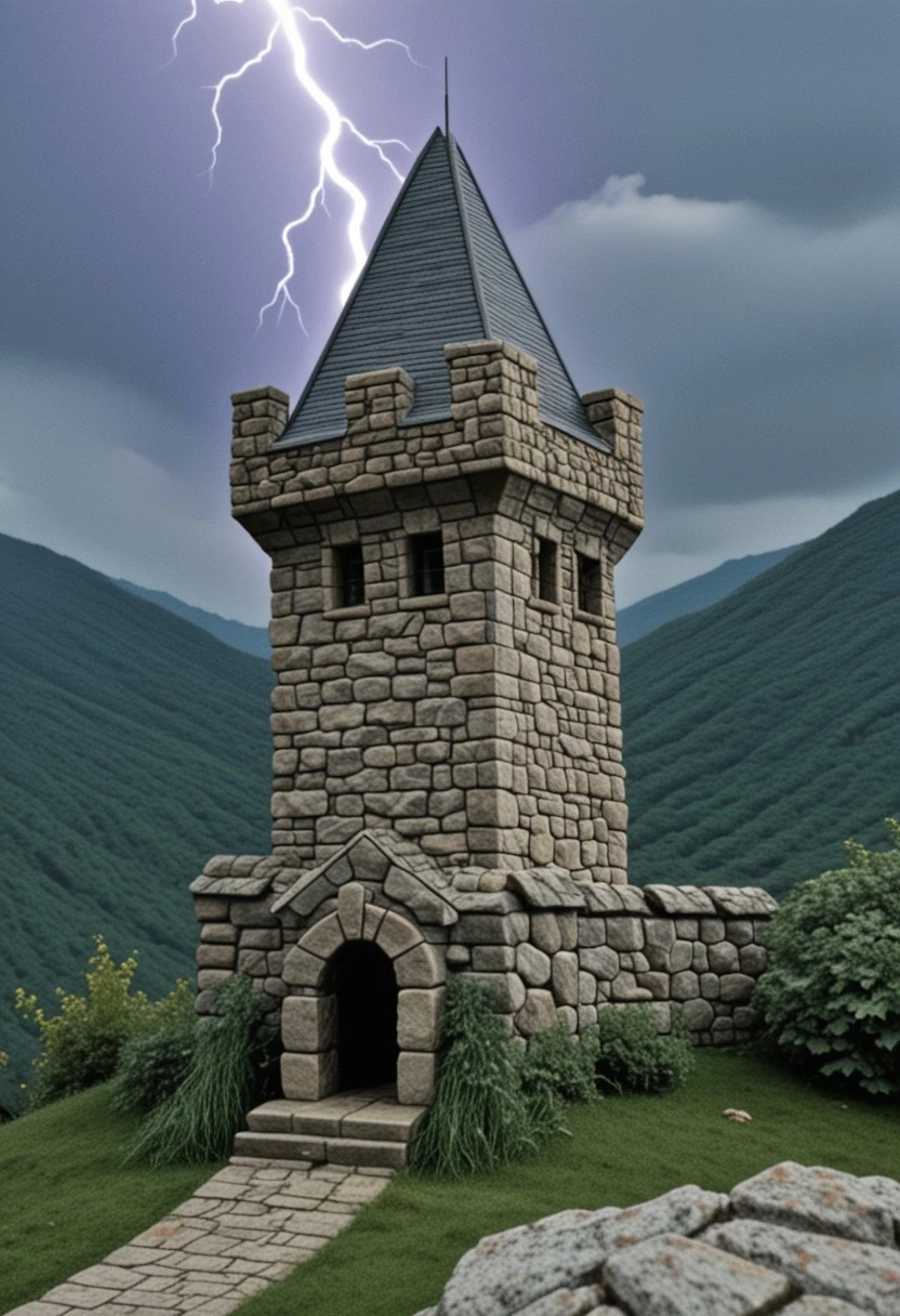 80s Fantasy Movie Still, The image shows a stone tower with a pointed roof on top of a hill. The tower appears to be old and weathered with cracks and chips in the stone. It is surrounded by rocks and shrubs and in the background there are mountains covered in greenery. The sky is cloudy and a lightning bolt is striking down from the sky creating a dramatic and ominous scene. The overall mood of the image is dark and ominous.