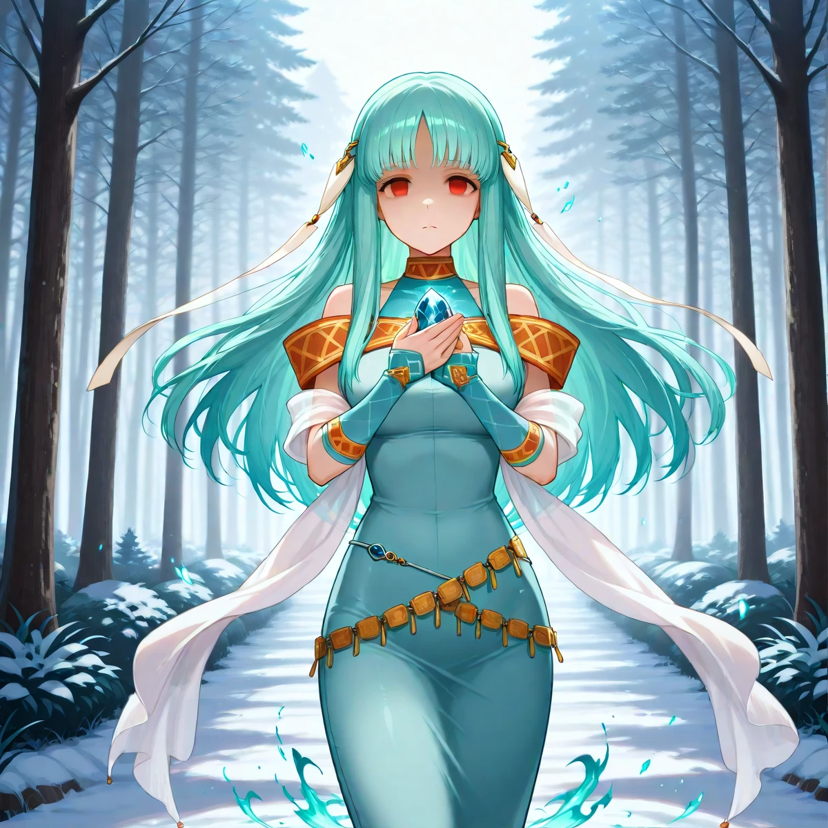 <lora:Hyper-SDXL-8steps-lora:.9>, (masterpiece),(best quality),(ultra-detailed),(best illustration),(absurdres),(detailed background),(very aesthetic), 1girl, solo, <lora:Ninian-ILXL-10:1> ninian, ninidress, shawl, detached sleeves, frown, shaded forehead, blue stone, empty eyes, frost aura:1.4, cold aura:1.6, snow, dead trees, action pose, in a forest, mountain, open palm,