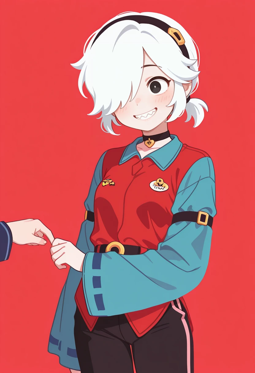 masterpiece, best quality, very aesthetic, absurdres, simple background,
BREAK 1girl, solo, coletteBS, white hair, short hair, small ponytail, hair band, hair covering one eye, choker, sharped teeth, black eyes, red shirt, blue sleeves, long sleeves, curved body, black pants, smile, flat color,
BREAK <lora:Colette_Brawl_Stars__Illustrious:1>,  <lora:Smooth_Booster_v2:0.25>, good hand,  <lora:illustrious_flat_color_v2:1>
