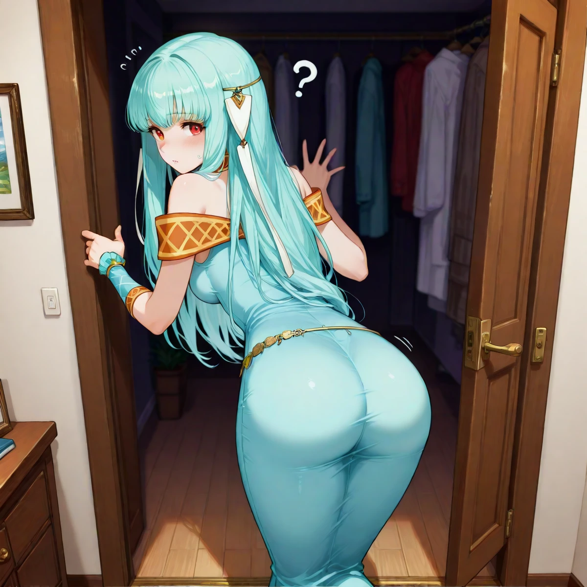 <lora:Hyper-SDXL-8steps-lora:.9>, (masterpiece),(best quality),(ultra-detailed),(best illustration),(absurdres),(detailed background),(very aesthetic), solo , <lora:Ninian-ILXL-10:1> ninian, ninidress, from behind, one arm extended to side, looking back, floating question mark, in a walk-in closet, hanging clothes, hangers,