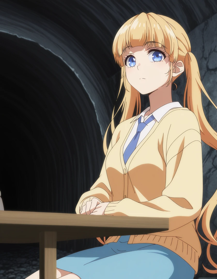 masterpiece, best quality, amazing quality,, <lora:sena-narumi-s1-illustriousxl-lora-nochekaiser:1>, sena narumi, long hair, blue eyes, blonde hair, twintails, mature female, medium breasts, anime screencap, shirt, necktie, cardigan, white shirt, collared shirt, yellow cardigan, skirt, blue skirt,, sitting, elbow rest, table,, tunnel, dark, underground, passage, walls, cowboy shot, solo, looking at viewer,