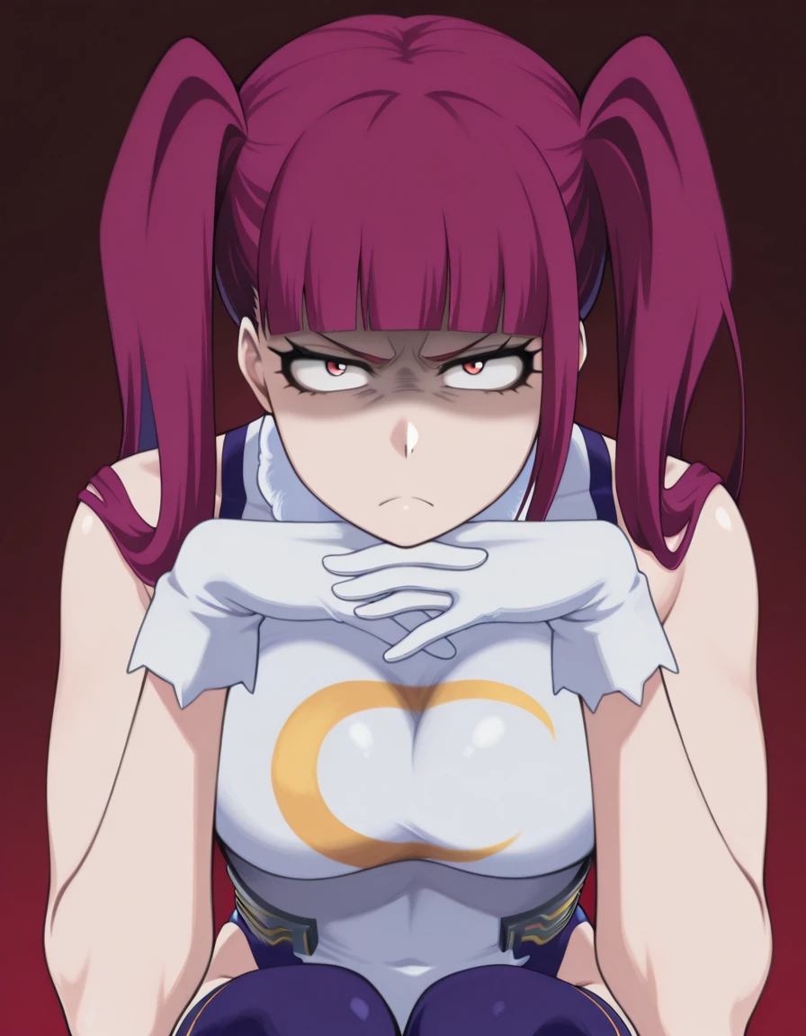 masterpiece, best quality, amazing quality,, <lora:riruka-dokugamine-anime-illustriousxl-lora-nochekaiser:1>, riruka dokugamine, long hair, twintails, red eyes, purple hair, bangs, blunt bangs, mature female, breasts, anime screencap,, <lora:mirko-cosplay-illustriousxl-lora-nochekaiser:1>, mirko cosplay, mirko (cosplay), thighhighs, gloves, sleeveless, white gloves, leotard, turtleneck, highleg, highleg leotard, fur collar, sleeveless turtleneck, turtleneck leotard, sleeveless turtleneck leotard, crescent print,, <lora:gendou-pose-illustriousxl-lora-nochekaiser:1>, gendou pose, own hands clasped, own hands together, parody, shaded face, looking at viewer, frown, elbow rest,, shaded_face, , , ,