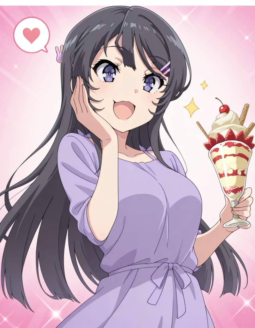 masterpiece, best quality, amazing quality,, <lora:mai-sakurajima-s1-illustriousxl-lora-nochekaiser:1>, mai sakurajima, long hair, bangs, black hair, hair ornament, purple eyes, hairclip, rabbit hair ornament, breasts, anime screencap, <lora:parfait-illustriousxl-lora-nochekaiser:1>, parfait, open mouth, heart, food, sparkle, fruit, happy, hand on own face, spoken heart, ice cream, strawberry, spoon, hand on own cheek, cherry, holding spoon, <lora:dynamic-pose-illustriousxl-lora-nochekaiser:1>, dynamic pose, jumping, cowboy shot, :p, open mouth, , ,
