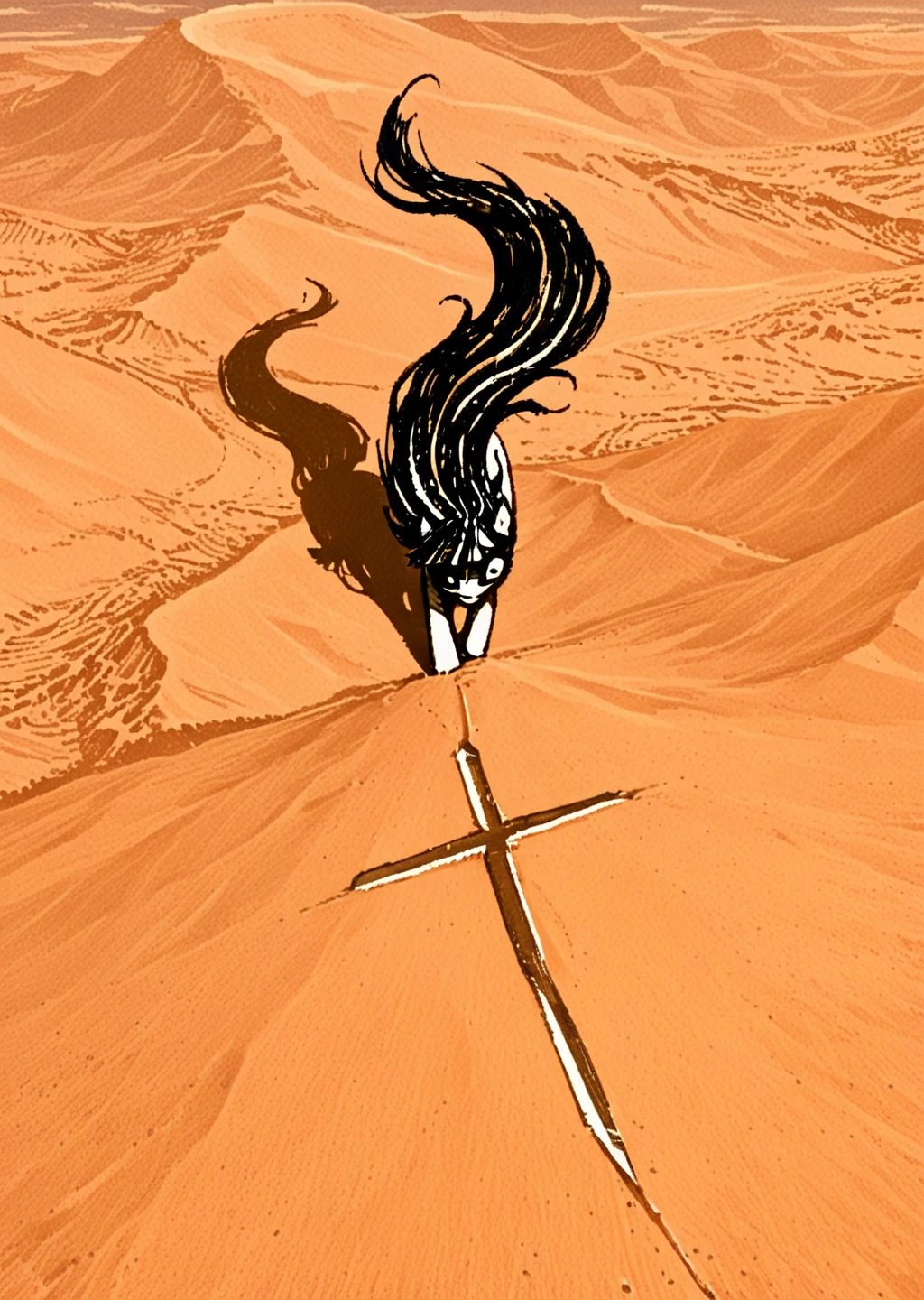 masterpiece, very aesthetic, 1girl, twilight_sparkle, my_little_pony, dynamic_pose, surreal, Lots of eyes, , close-up shot,High-Angle Perspective,on a desert dune,light smile,Dramatic pose,cross background