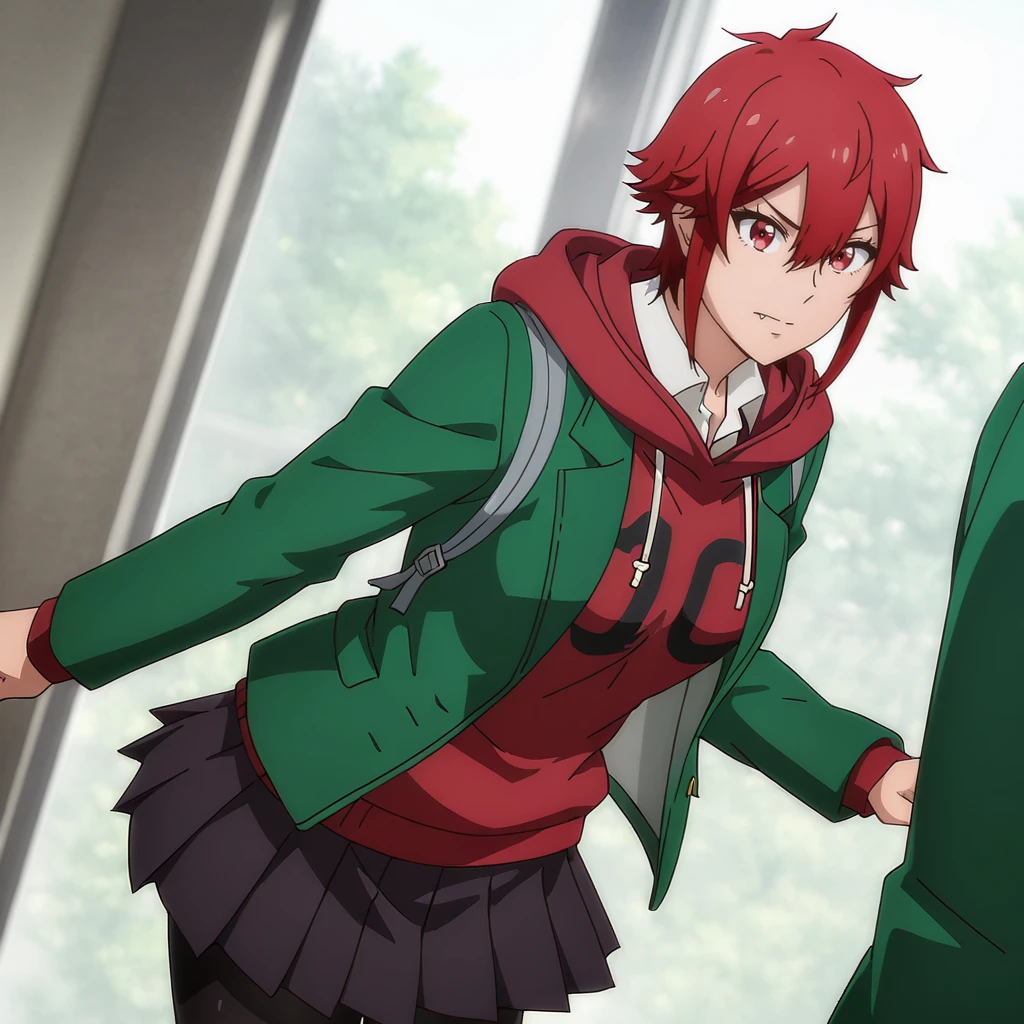 <lora:Tomo_illustrious_v1:1>TomoRedJacket, 1girl, red hair, black pantyhose, pleated skirt, school uniform, red eyes, jacket, hood, fang, hoodie, short hair, hair between eyes, shirt, cowboy shot