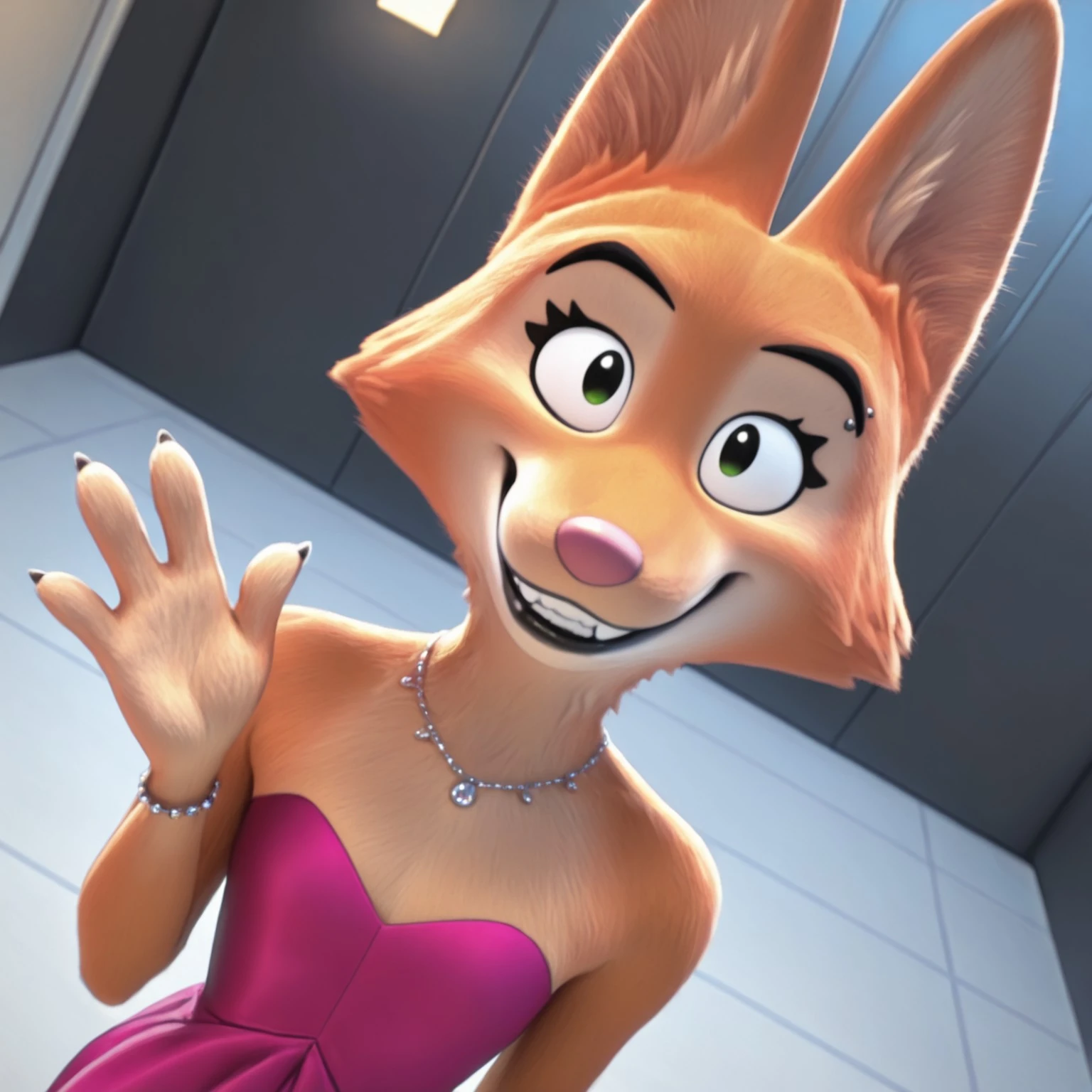 uncensored, masterpiece, best quality, highly detailed, realistic, 1boy, solo, DianeTBG, female furry, anthro, canine, fox, cheek tuft, black eyebrows, eyebrow piercing, green eyes, pink nose, orange body, orange fur, tan body, tan fur, two tone body, two tone fur, pink dress, necklace, bare shoulders, bracelet, upper body, standing, smile, closed mouth, looking at viewer, indoors, lobby room, detailed background, teeth, high-angle view, dutch angle, waving, 4 fingers