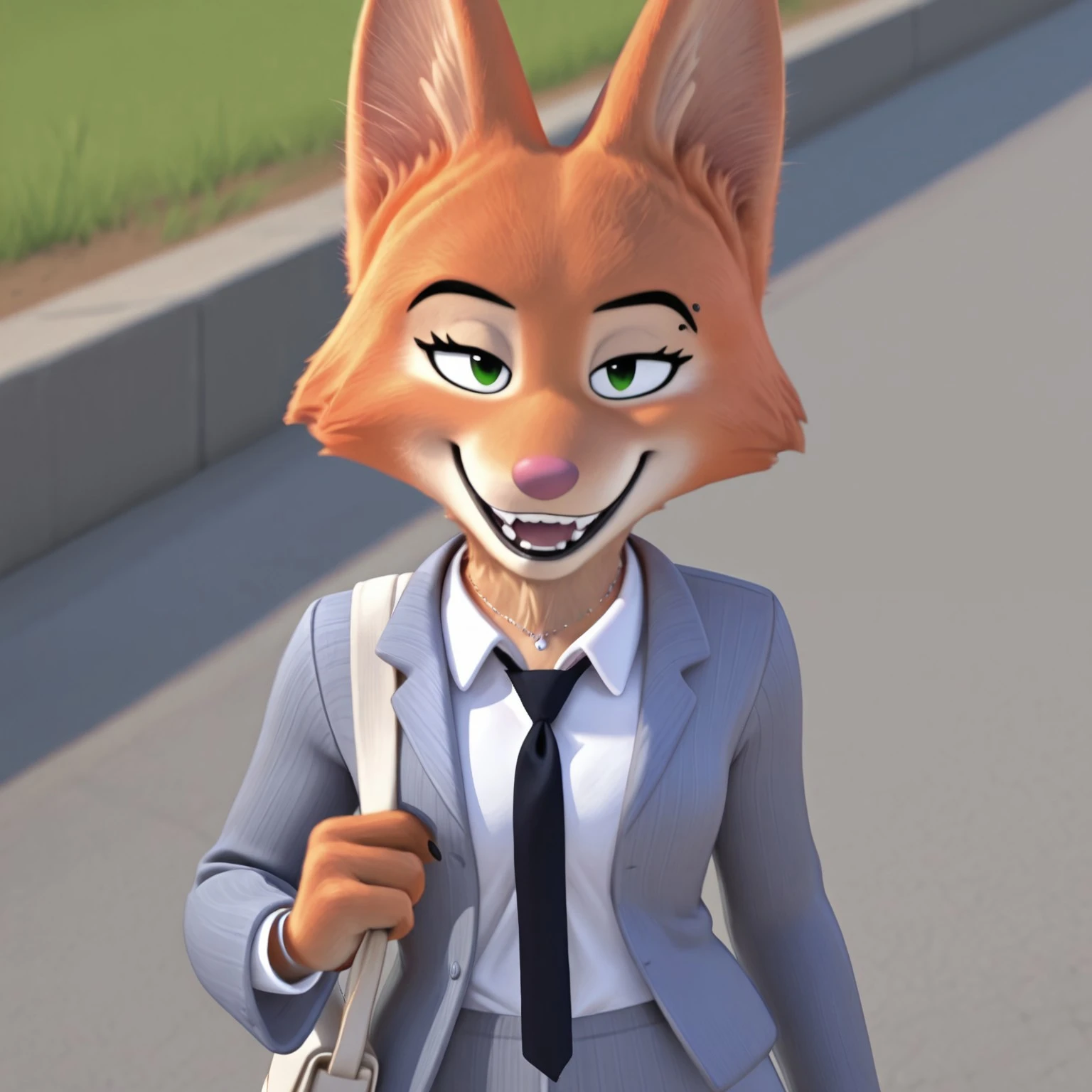uncensored, masterpiece, best quality, highly detailed, realistic, 1girl, solo, DianeTBG, female furry, anthro, fox, cheek tuft, black eyebrows, eyebrow piercing, green eyes, pink nose, orange body, orange fur, tan body, tan fur, two tone body, two tone fur, grey business suit, white dress shirt, black tie, necklace, bracelet, grey bottomwear, smile, open mouth, looking at viewer, narrowed eyes, outdoors, sidewalk, afternoon, front view, detailed background, upper body, ((4 fingers)), white shoulder bag, walking, black claws, teeth
