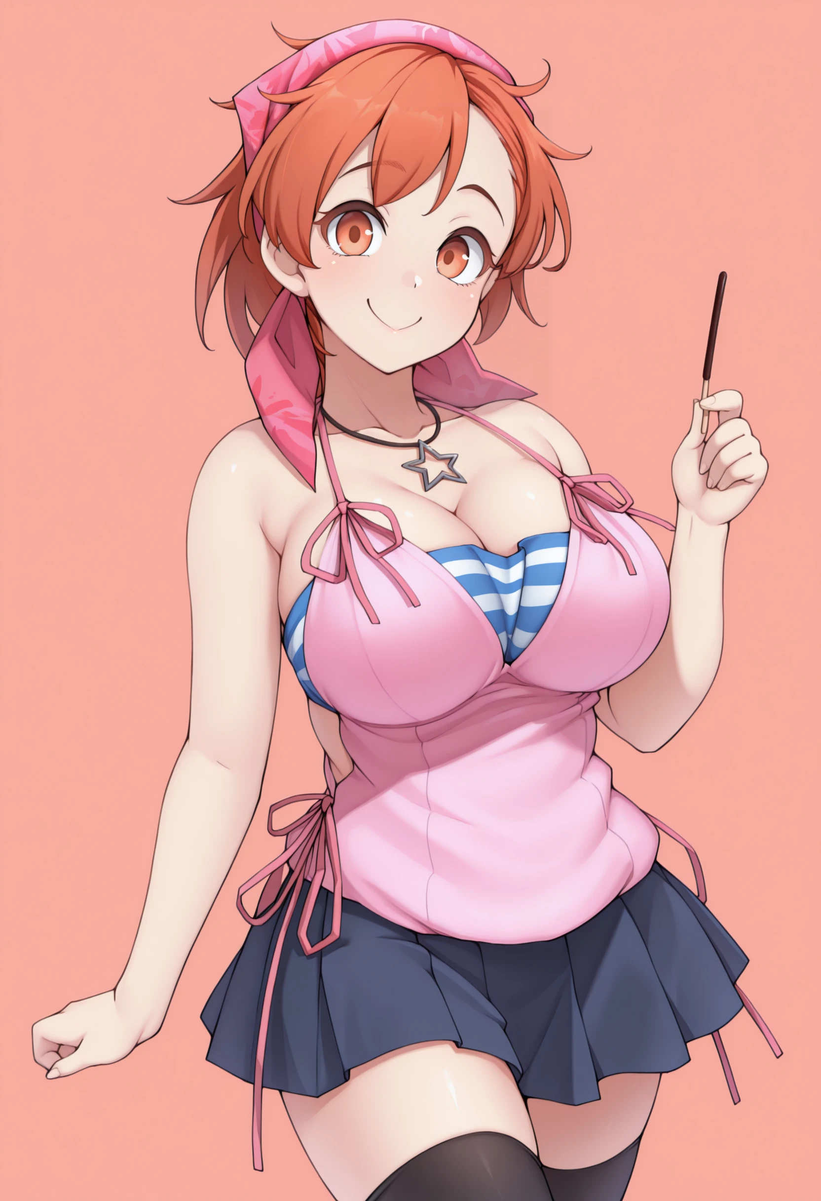 ((masutepiece, Best Quality, hight resolution, nffsw, Perfect Pixel, depth of fields, 4K, )), 1girl in, Solo, , Beautiful anime girl, Beautiful Art Style, close up, Looking at Viewer, Perfect body, Yuigahama Yui, Short hair, single hair bun, pink hair, (large boob), Full face blush, Smile, winking, thighs thighs thighs thighs, navy playboy bunny, red bowtie, white background, hands on hips, cowboy shot, Focus,