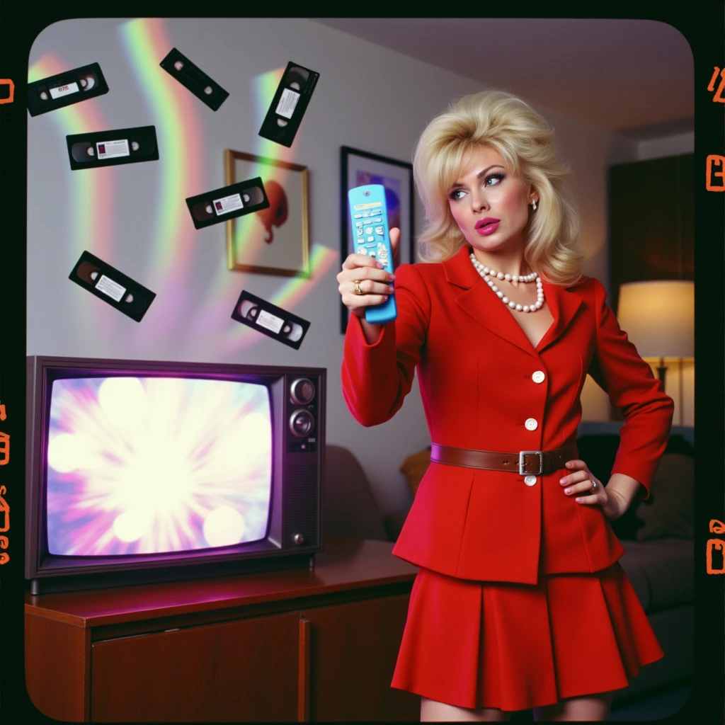 Analog film photo of a quirky blonde womanHighly stylized analog photo of a blonde woman in a vintage 1980s living room setting. She’s dressed like a sitcom character—bright red blazer with exaggerated shoulders, pleated skirt, chunky belt, and pearl earrings. Her hair is feathered like Farrah Fawcett, and her makeup includes hot pink lipstick and heavy eyeliner. She’s frozen in a surprised sitcom expression while holding a glowing remote control pointed at the TV. But the TV has turned into a surreal portal, with tentacles of static and rainbow plasma emerging into the room. VHS tapes are floating around her mid-air. The film’s analog treatment adds soft edges, bloom around the lights, and subtle distortion, giving the whole image the feel of a still from a strange 80s dream.