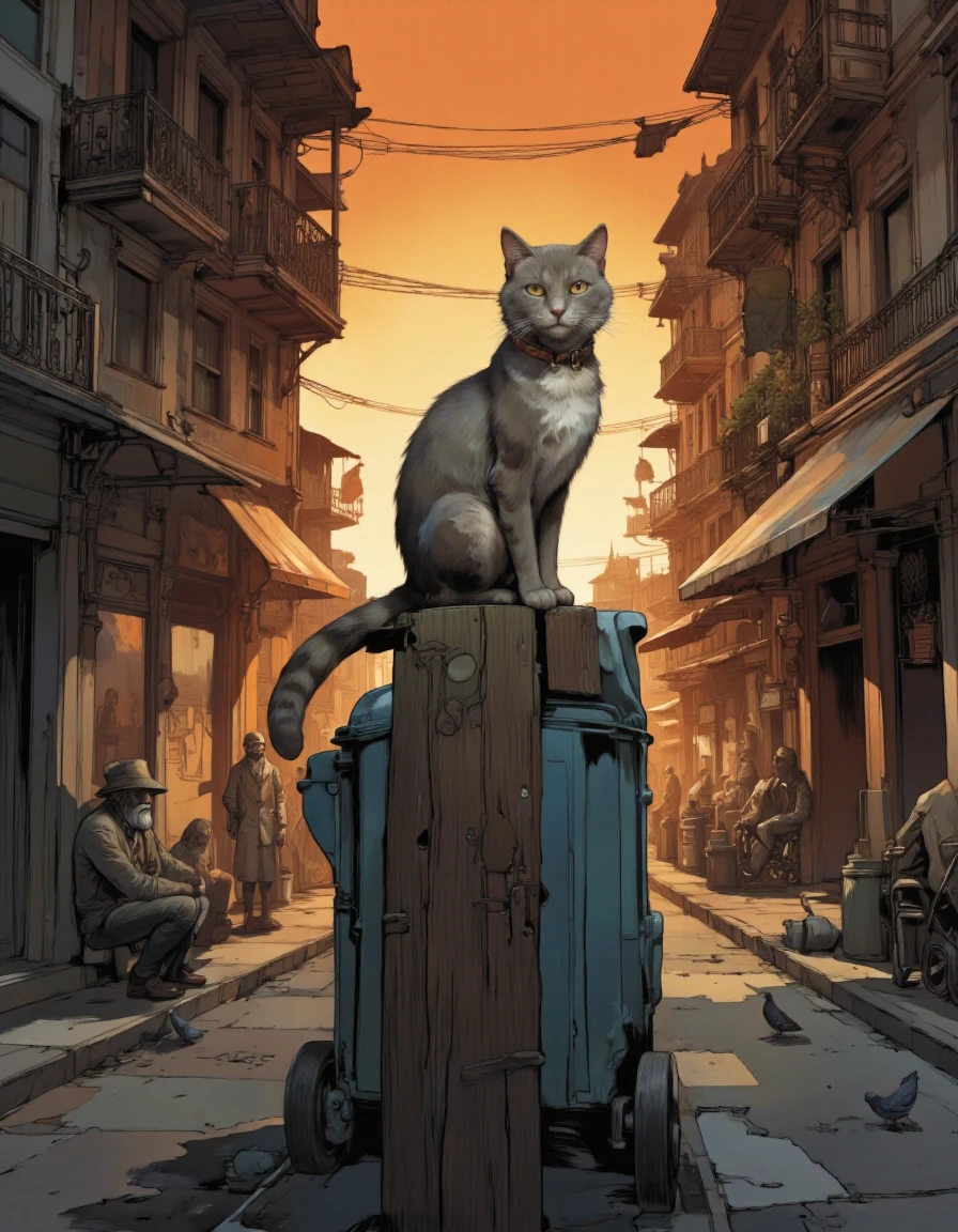By JoFoGriGreToc. A digital illustration shoot from the side about a cat sitting on top of a blue trash can in an urban setting during sunset. the image features a large, grey cat with yellow eyes, wearing a brown collar, sitting on a wooden post in the middle of the image. the cat appears to be looking directly at the viewer with a calm expression. on the left side of the cat, a man with a beard and a hat is sitting on the ground, looking down at the cat. in the background, there are old, dilapidated buildings with balconies and awnings, some of which are partially obscured by the warm orange hues of the setting sun. the scene is bustling with activity, with a few people and pigeons scattered around, adding to the atmosphere of the scene. the overall color palette is warm and earthy, with shades of orange, yellow, and brown dominating the background.