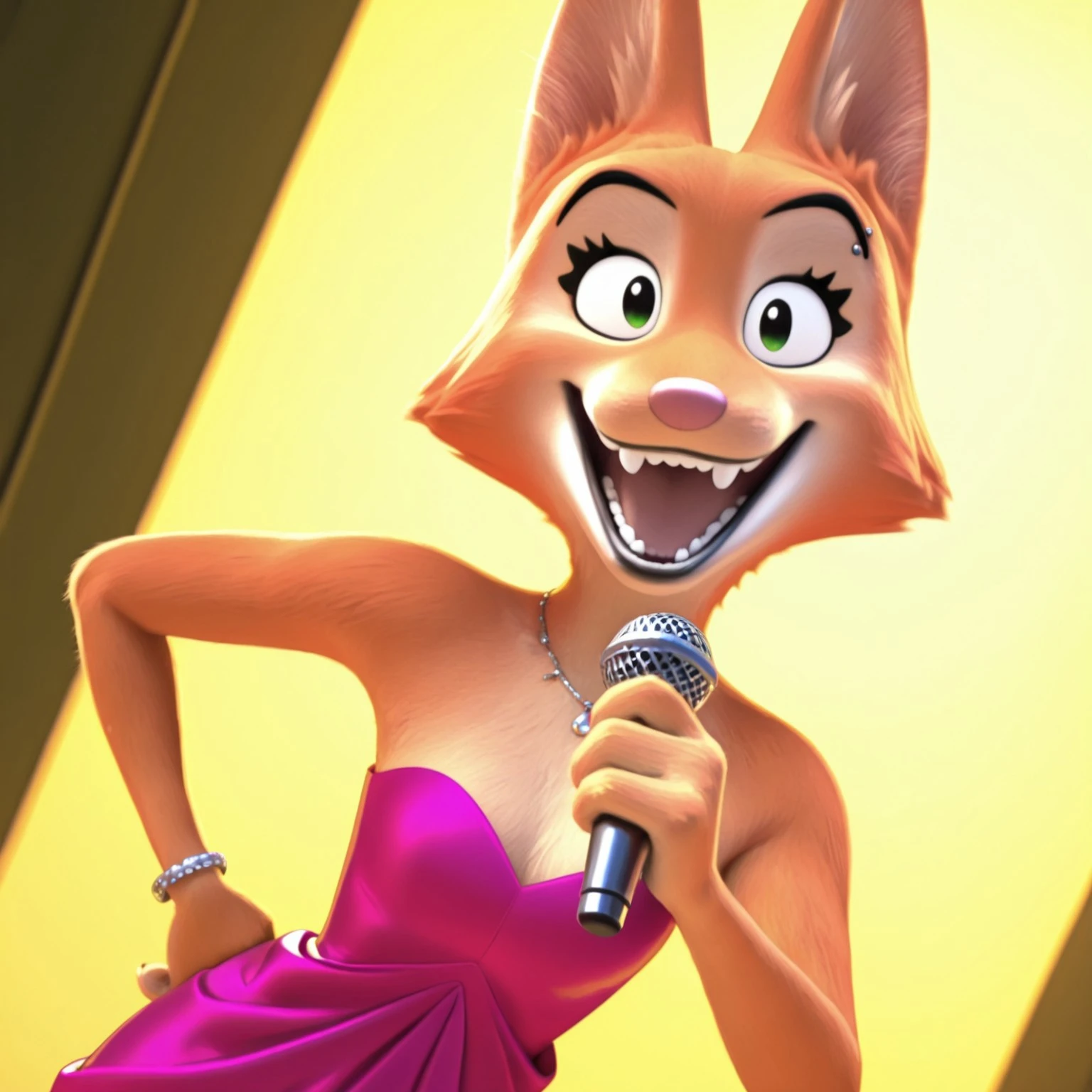 uncensored, masterpiece, best quality, highly detailed, realistic, 1girl, solo, DianeTBG, female furry, anthro, canine, fox, cheek tuft, black eyebrows, eyebrow piercing, green eyes, pink nose, orange body, orange fur, pink dress, necklace, bare shoulders, silver bracelet, upper body, close-up, smile, open mouth, teeth, looking at viewer, standing, stage, concert, yellow lighting, detailed background, 4 fingers, dutch angle, high-angle view, holding microphone, singing, hand on hip, leaning forward