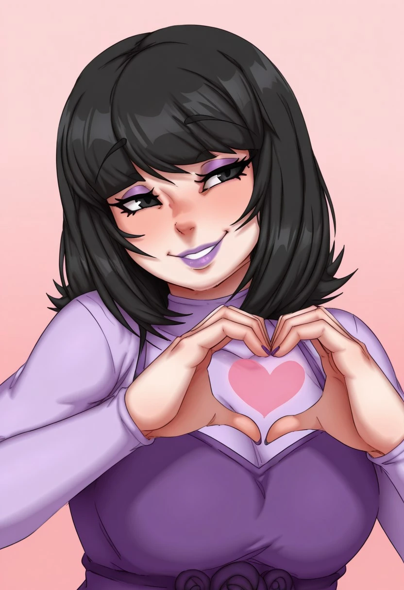 , 1girl, solo, medium build, medium hair, sfw, safe for work, covered skin, flowy dress, black eyes, purple lipgloss, smiling, portrait, upper body, heart hands, foreshortening, detailed, newest, lazei