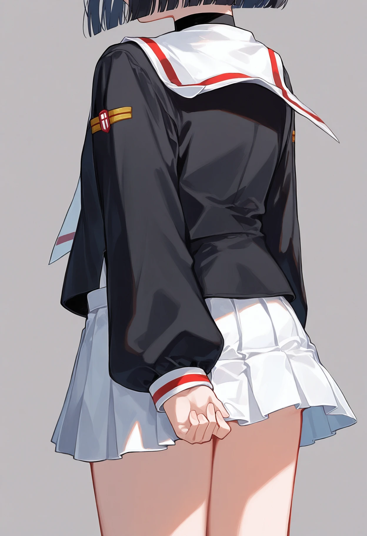 masterpiece, 1girl, solo, tomoeda elementary school uniform, black serafuku, puffy long sleeves, white sailor collar, white skirt, untucked shirt, cosplay, cowboy shot, simple background, head out of frame, ,