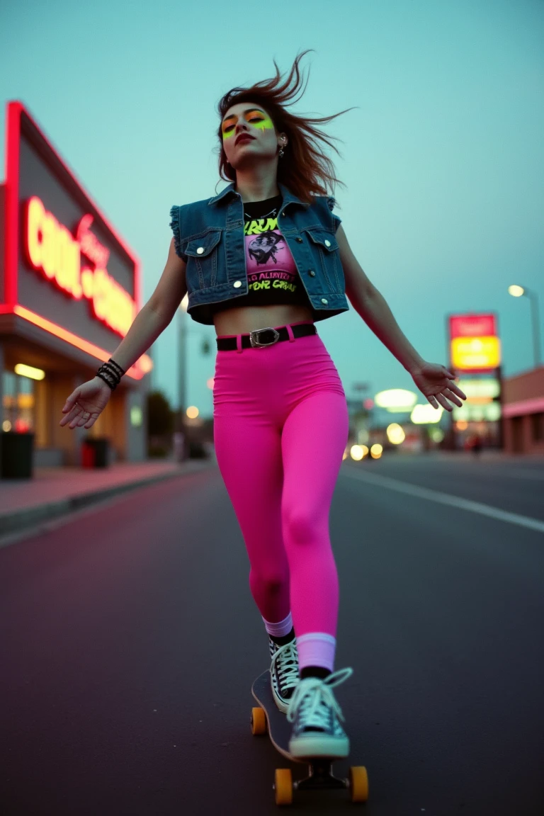 8ots, ultra quality, ultra detailed, ultra lighting, analog photography, analog photo, shot by Kodak Brownie, dynamic street shot of a punk woman skating down an empty 1980s boulevard at dusk, arms outstretched, styled in a cropped band tee, denim vest with spikes, hot pink leggings and checkered Vans, hair a messy layered mullet, face splattered with neon green and orange eye paint, background filled with vintage storefronts and neon lights, shot with a Minolta X-700, fast shutter capturing mid-motion blur, youthful chaos and analog rebellion