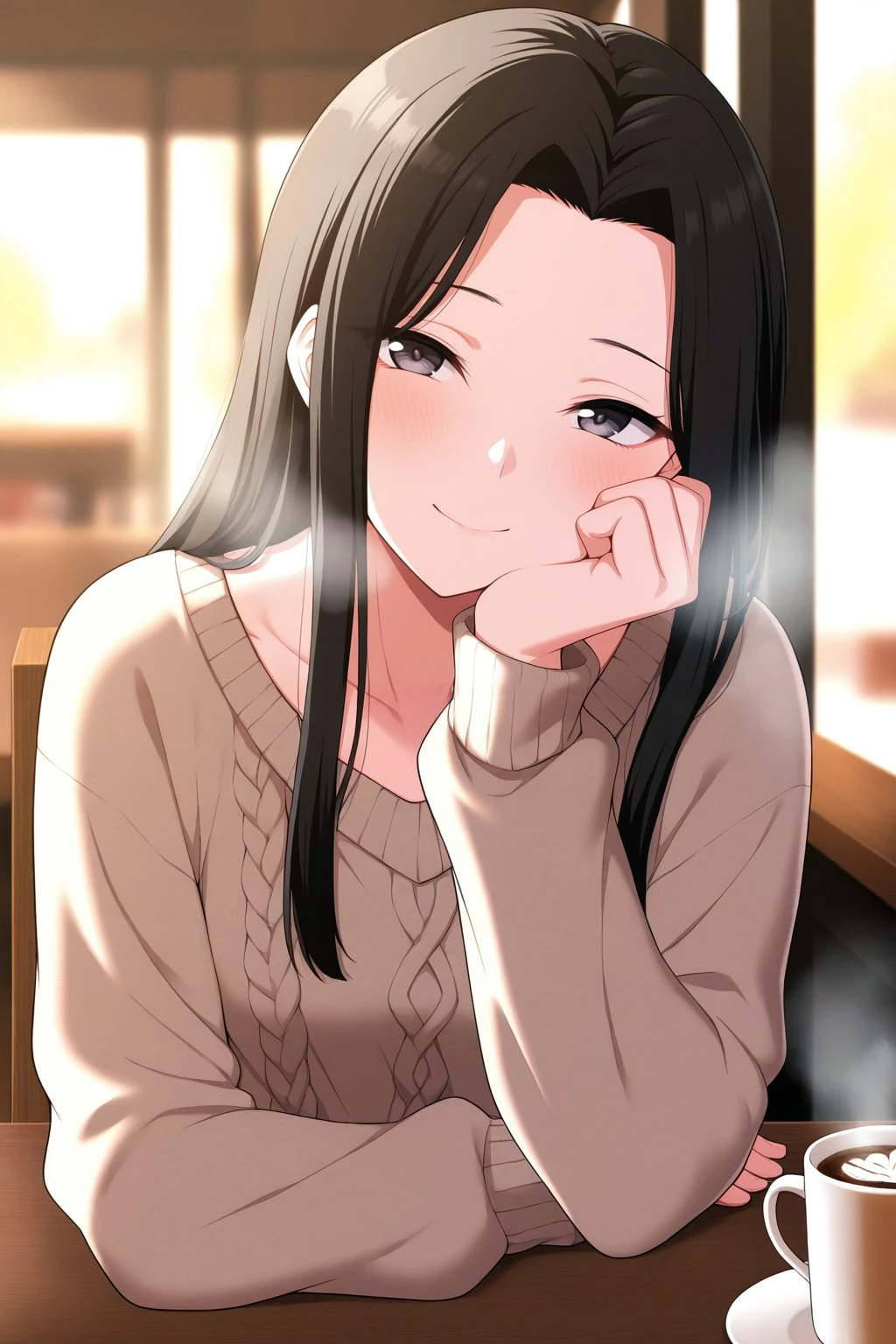 masterpiece, best quality, amazing quality, very aesthetic, absurdres, ultra detailed,
<lora:il_contrast_slider_d1 (ЦВЕТ КАРТИНКИ):-0.8>
<lora:Shirayuki:0.8> shirayuki, 1girl,
masterpiece, best quality, score_9, score_8_up,score_7_up,BREAK,source_anime,break,rating_ex, pov,
small breasts,
First-person view of a girl sitting across from me at a coffee shop table, facing me, her face glowing with a soft smile, resting her chin on her hand, smiling softly, A girl in a loose beige pullover sweater, cozy knit with long sleeves, draped over her shoulder, straps of her underwear visible, a steaming cappuccino on her side, warm sunlight casting shadows across the wooden table, cozy cafe with intricate details, no body visible, looking at viewer