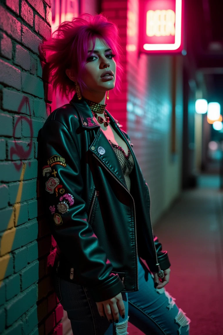 8ots, ultra quality, ultra detailed, ultra lighting,half-body portrait of a rebellious woman leaning against graffiti-smeared bricks in a neon-lit back alley, styled in a distressed black leather jacket covered in enamel pins, fishnet top underneath, ripped acid-wash jeans, thick eyeliner with bold electric pink eye shadow, messy voluminous mohawk dyed magenta, silver lip gloss catching the street light, captured with a Canon AE-1 using 400 ISO expired film, strong shadows, cinematic neon from a flickering beer sign, a gritty, defiant 1980s street aesthetic