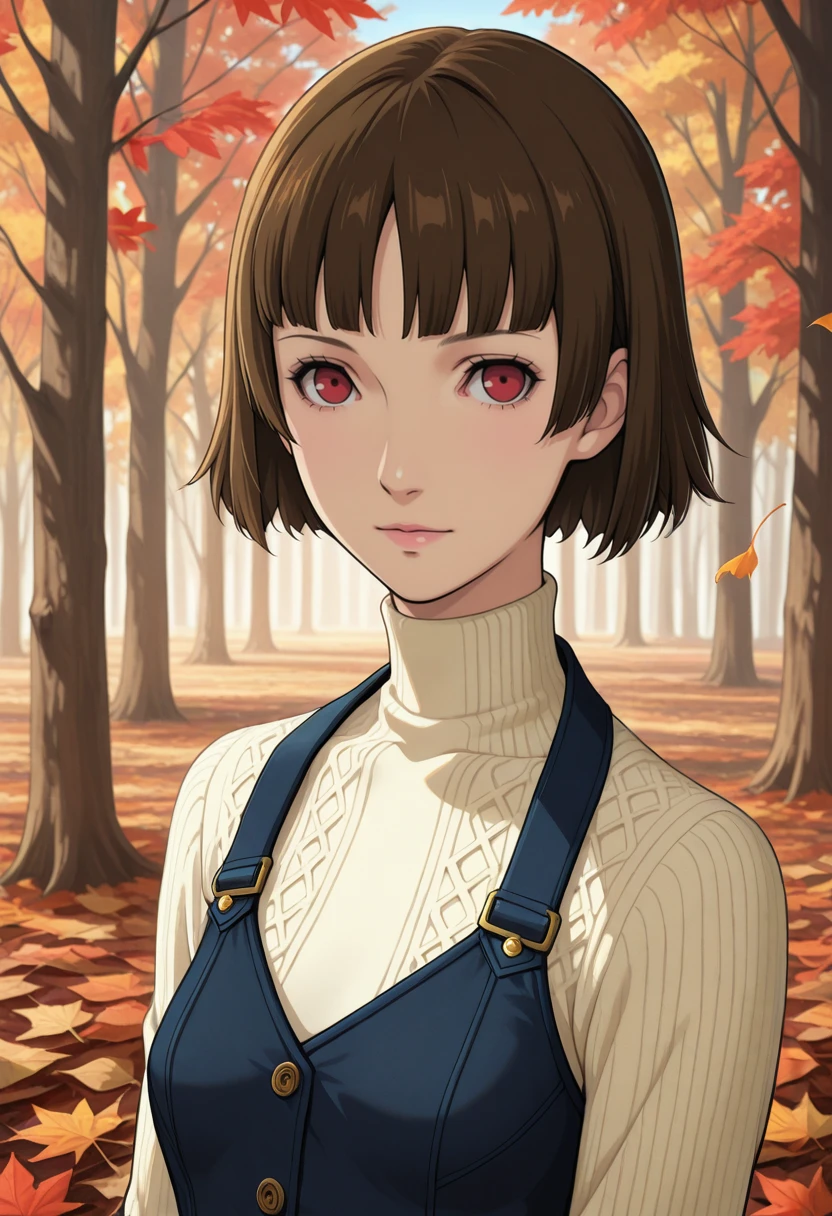 masterpiece, very aesthetic, best quality, absurdres, newest, solo,
<lora:ILP5Makoto:1>
P5Makoto, 1girl, brown hair, red eyes, short hair, blunt bangs, looking at viewer, autumn forest with falling leaves in the background, warm earthy tones, cozy and nostalgic feel