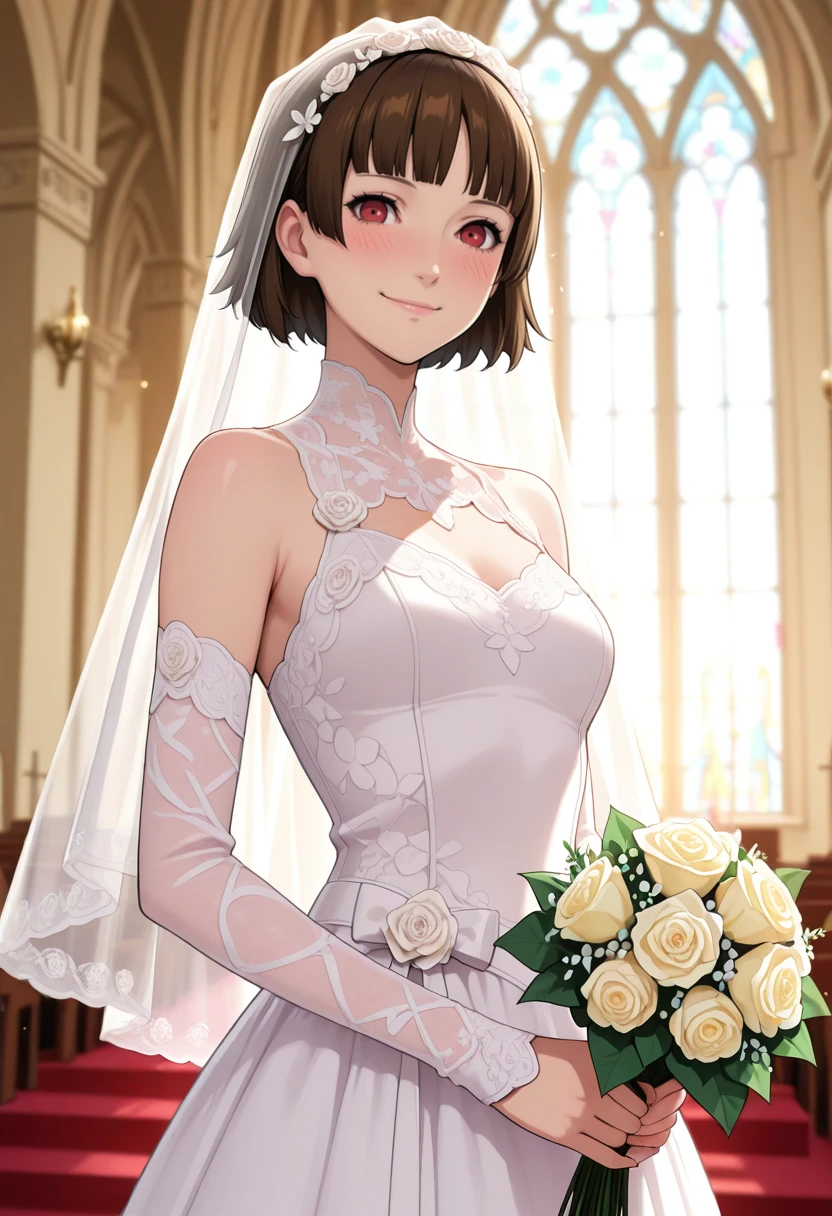 masterpiece, very aesthetic, best quality, absurdres, newest, solo,
<lora:ILP5Makoto:1>
P5Makoto, 1girl, brown hair, red eyes, short hair, blunt bangs, looking at viewer, wedding dress, smile, church, bridal veil, closed mouth, blush, white dress,holding bouquet, indoors, detached sleeves, bride, bangs, standing, cowboy shot