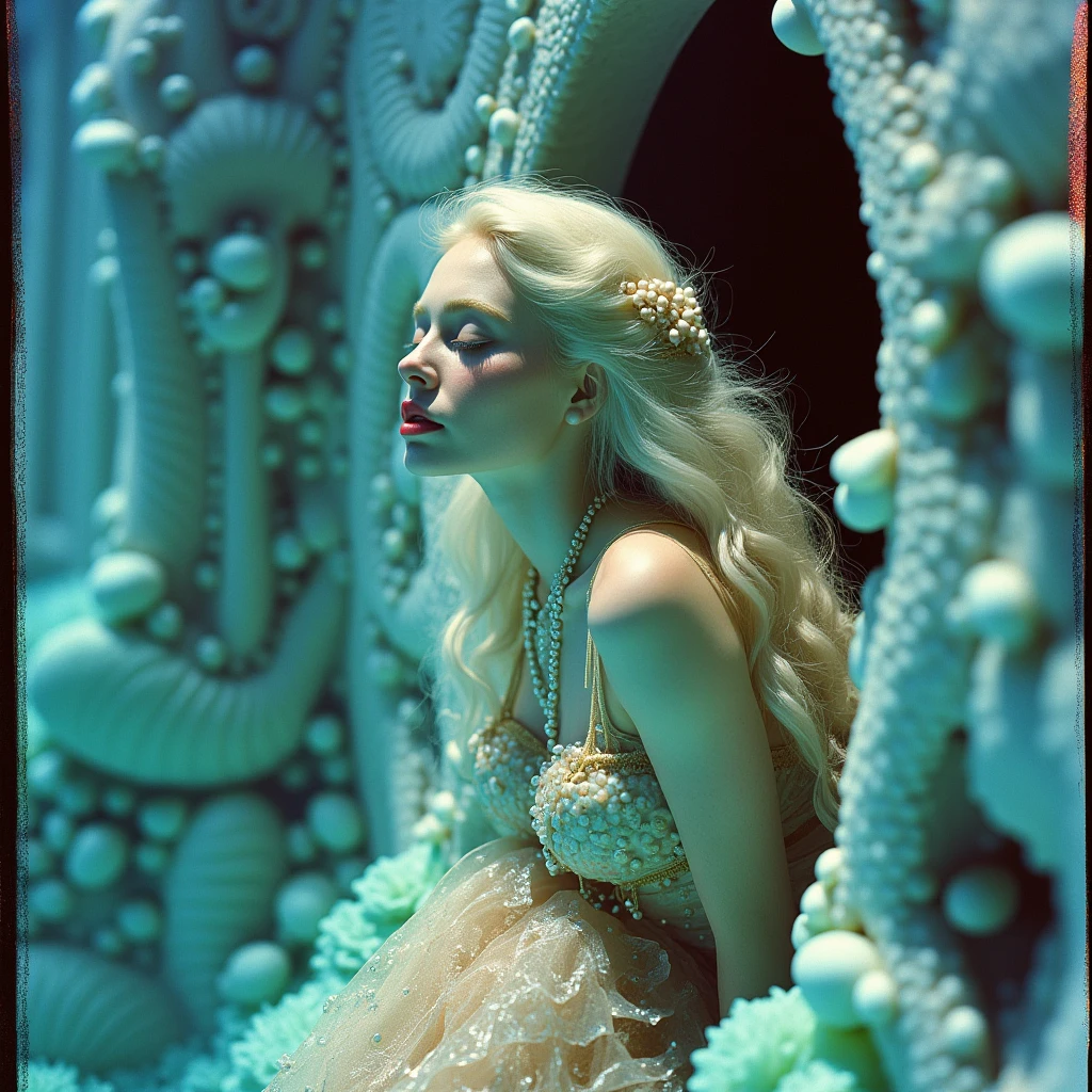Ultra quality, faded photo, old photo effect, analog photography, shot by Polaroid SX-70, fantastical woman emerging from a surreal gothic shell-carved wall, wearing a flowing garment made of coral and sea glass, long platinum hair woven with pearls, half body shot in profile, lighting from below to mimic underwater glow, faded cyan shadows and pink highlights, subtle film scratches, dreamlike color shift from vintage UV filter, mystical oceanic surrealism,ethph,ethersty