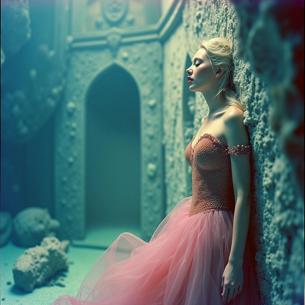 Ultra quality, faded photo, old photo effect, analog photography, shot by Polaroid SX-70, fantastical woman emerging from a surreal gothic shell-carved wall, wearing a flowing garment made of coral and sea glass, long platinum hair woven with pearls, half body shot in profile, lighting from below to mimic underwater glow, faded cyan shadows and pink highlights, subtle film scratches, dreamlike color shift from vintage UV filter, mystical oceanic surrealism,ethph,ethersty