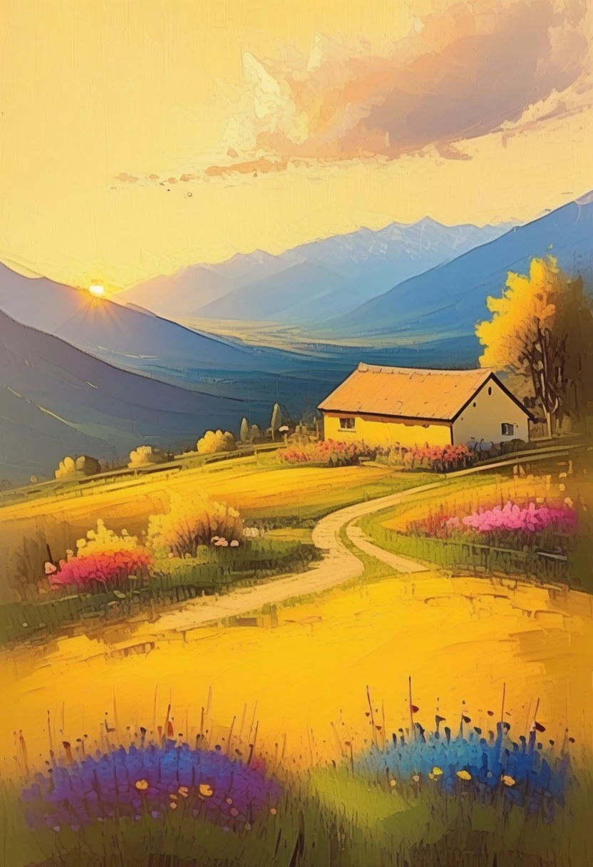 Nixpaint, landscape, scenery, cottage in valley, blooming wildflowers, distant mountains, golden sunlight, high contrast, long view, loose and visible brushstrokes capturing light and movement, vibrant color dabs, impressionism art style, painterly texture, sunny atmosphere, lively mood