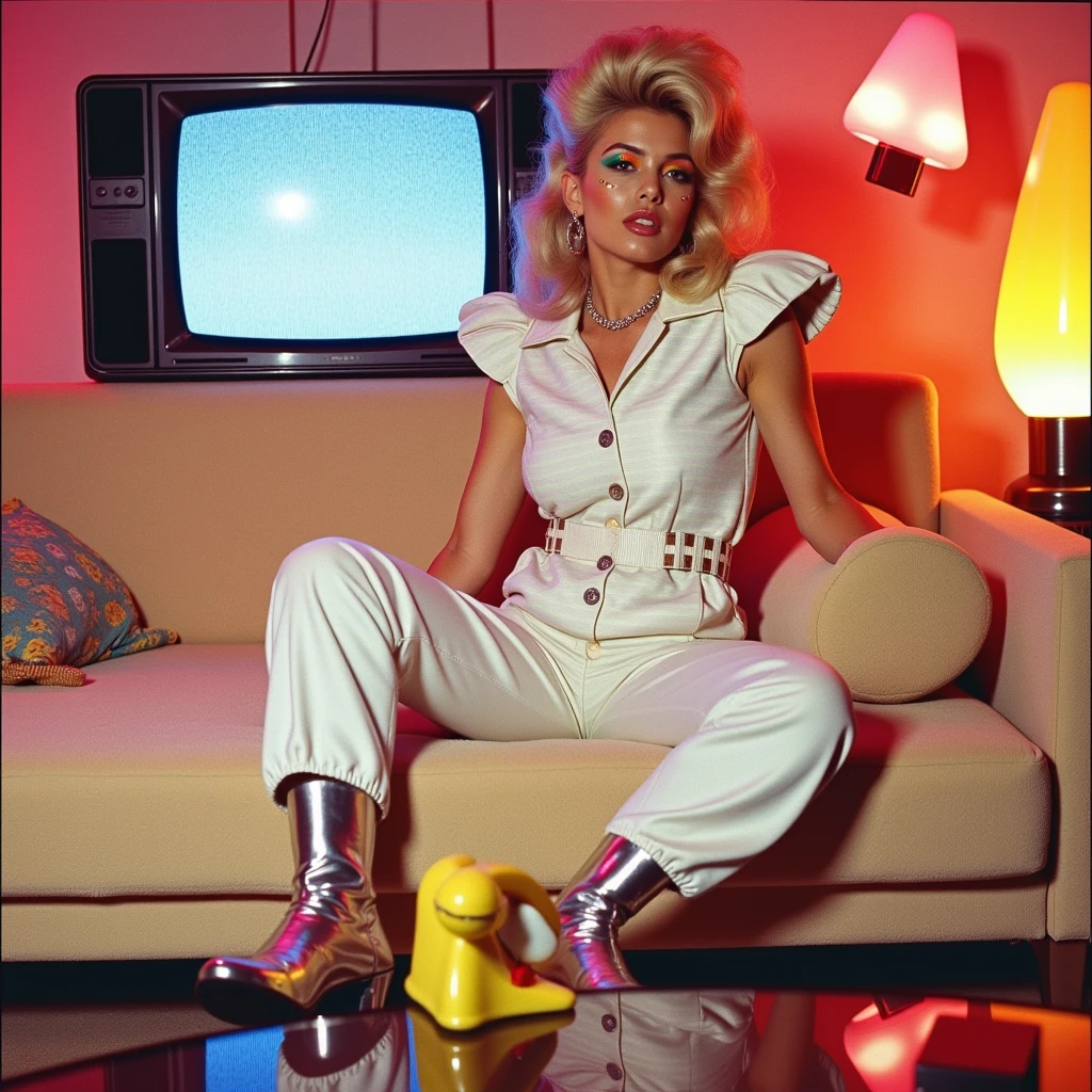 Analog film portrait of a blonde woman sitting on a shaggy pastel sofa in a retro-futuristic living room. She's wearing a holographic jumpsuit with exaggerated shoulder pads and metallic platform heels. Her hair is styled in a voluminous 1980s perm with streaks of pink and turquoise. Her face is painted with surreal makeup: one eye outlined in neon green, the other in orange, with tiny silver star stickers across her cheeks. The background is warped in perspective—an old TV set plays static, and glowing lava lamps float mid-air as if suspended in zero gravity. There’s a rotary phone melting like Dali’s clock on the coffee table. Shot on 120mm analog film with cross-processing, resulting in unnatural color shifts, saturated tones, and a surreal, dreamlike film texture.,8ots