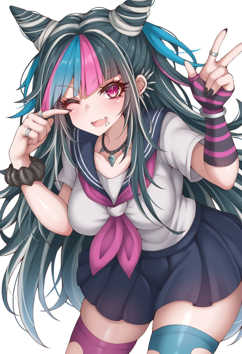 <lora:MCNsPpolar01:1> MCNsPq0l4r,1girl, mioda ibuki, hair horns, long hair, school uniform, thighhighs, solo, piercing, pink hair, multicolored hair, serafuku, blue hair, one eye closed, black hair, pink eyes, skirt, ear piercing, jewelry, cone hair bun, lip piercing, ring, white hair, necklace, open mouth, scar, stitches, torn clothes, torn thighhighs, hair bun, fang