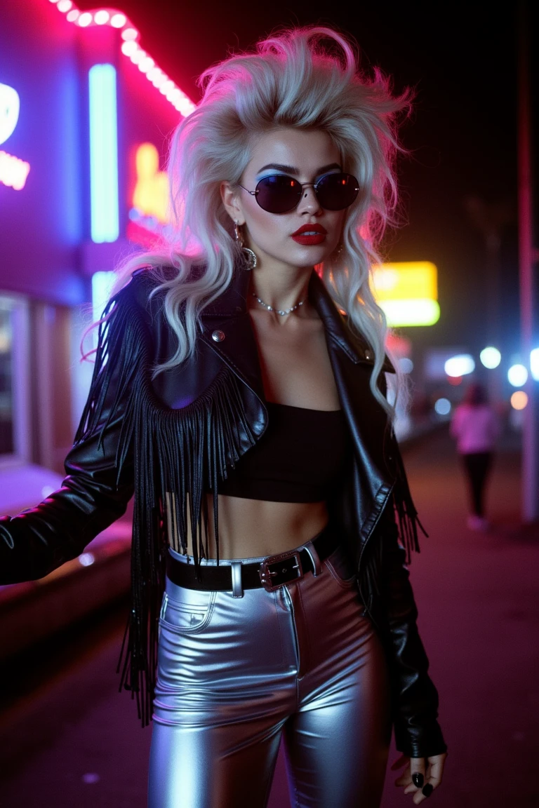 8ots, ultra quality, ultra detailed, ultra lighting, portrait of a glam-punk woman standing outside a vintage 80s nightclub on LA’s Sunset Strip, teased platinum blonde hair with streaks of blue, dramatic blue-and-black eye makeup, glossy red lips, silver spandex pants and a leather fringe jacket, neon signs reflecting in her mirrored sunglasses, soft haze in the background from a streetlight flare, captured with a Yashica FX-D on Fujichrome slide film, saturated color bleed, intoxicating and glamorous attitude