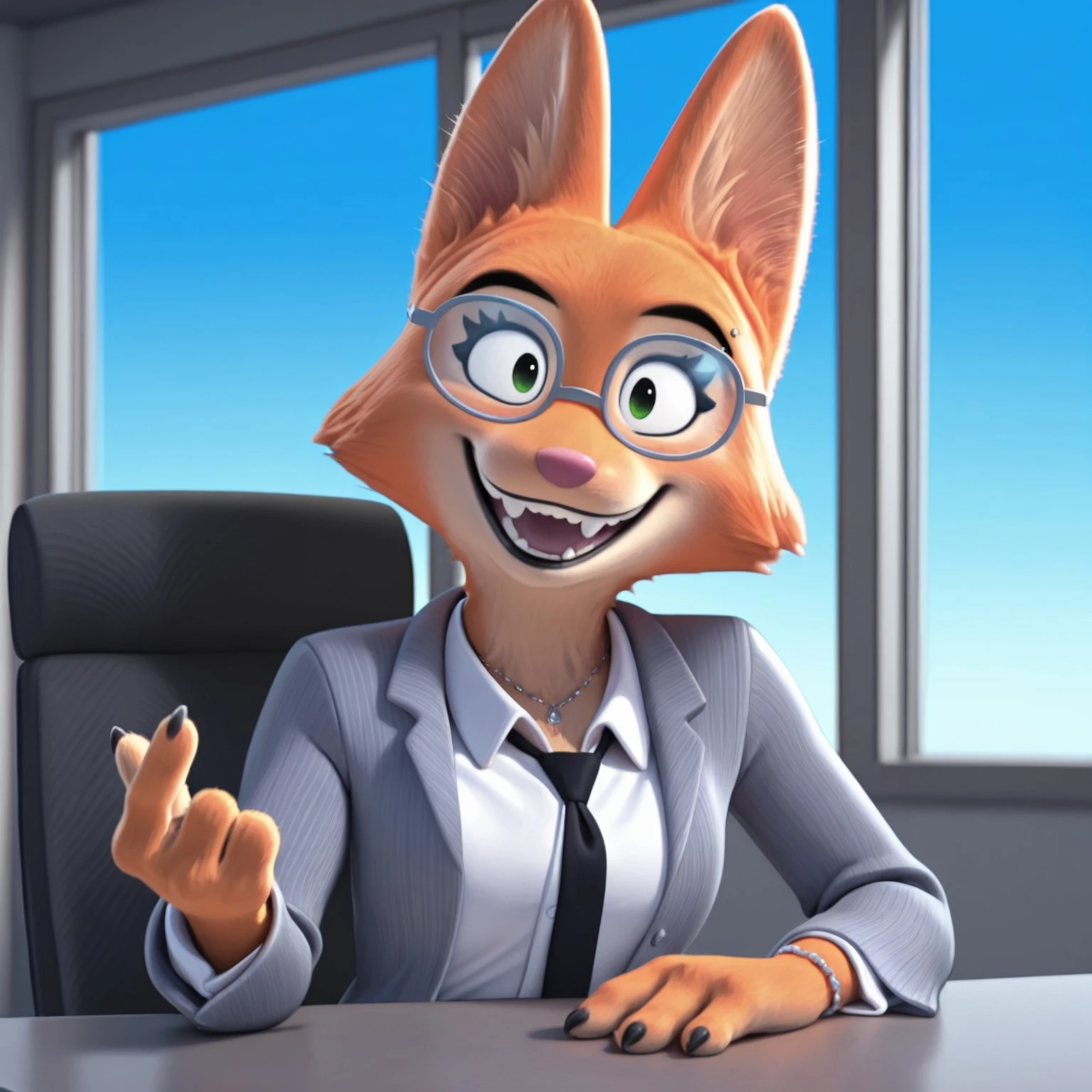 uncensored, masterpiece, best quality, highly detailed, realistic, 1girl, solo, DianeTBG, female furry, anthro, fox, cheek tuft, black eyebrows, eyebrow piercing, green eyes, pink nose, orange body, orange fur, tan body, tan fur, two tone body, two tone fur, grey round glasses, grey business suit, white dress shirt, black tie, necklace, bracelet, smile, open mouth, looking at viewer, wide eyes, sitting, table, chair, window, front view, detailed background, hand on table, upper body, hand on table, ((4 fingers, beckoning)), black office chair, blue sky, inviting, black claws, teeth