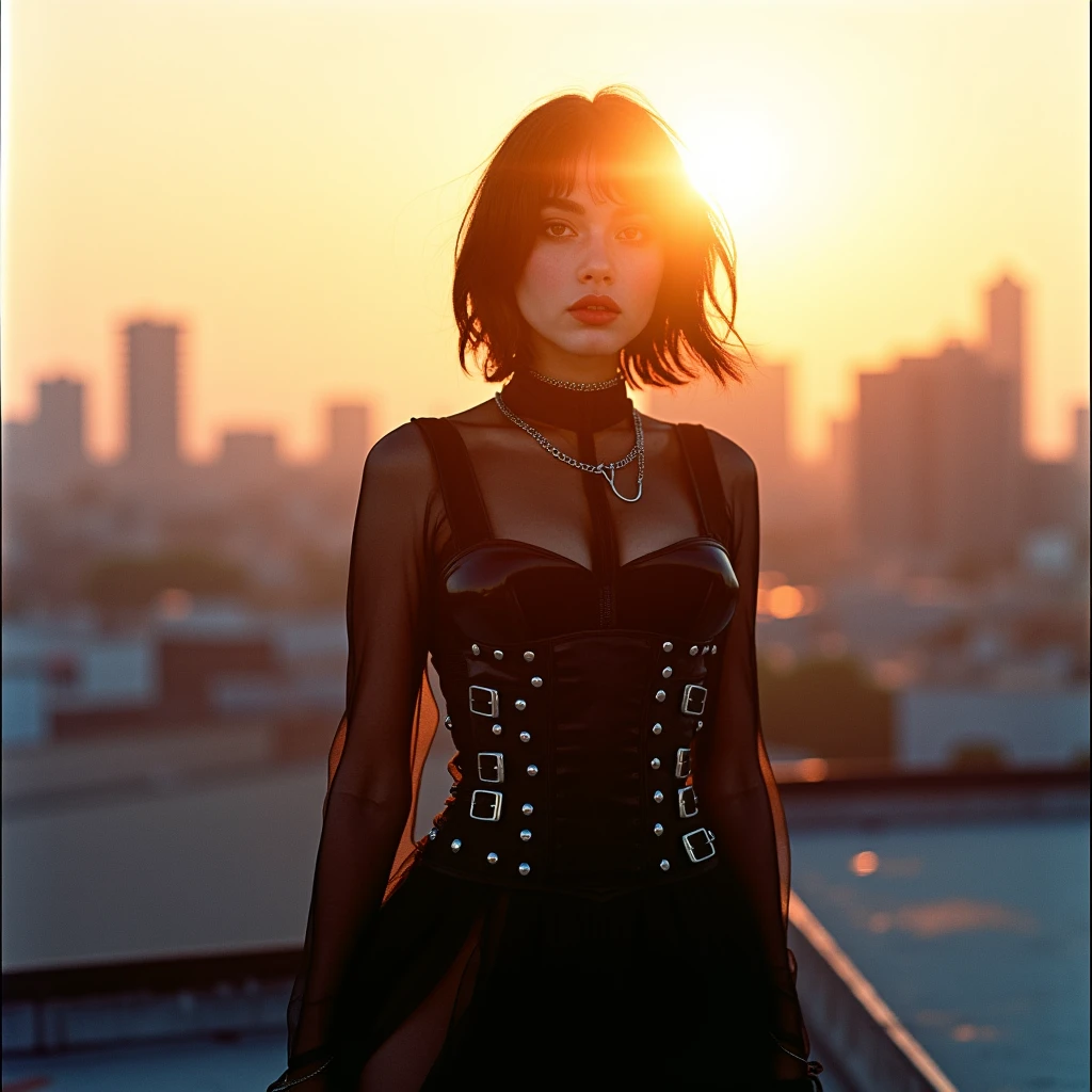 Ultra quality, faded photo, old photo effect, analog photography, shot by Polaroid SX-70, a sleek woman in her early 30s with sharp cheekbones and smoky silver eyeshadow stands on the edge of a windswept rooftop at golden hour, her glossy black gothic corset dress cinched tight with chrome buckles, layered over sheer mesh sleeves and asymmetrical chiffon skirt, her jet black hair caught mid-motion, the sunset behind her refracting through the smoggy skyline into surreal warm pinks and acid greens, cowboy shot , with high contrast flare from the sun producing a painterly gradient over her silhouette.,ethersty,ethph
