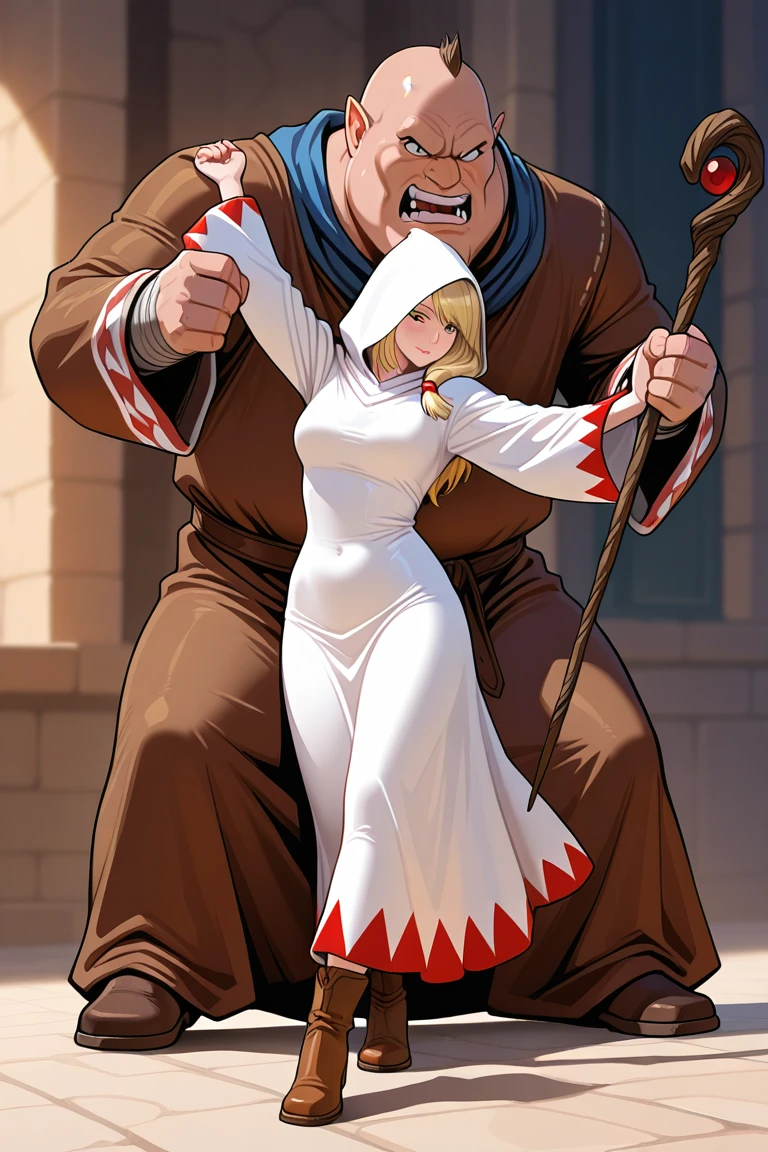 The Shattering Isles,ogres,fighting,1girl,, masterpiece, best quality, amazing quality, newest, <lora:White_mage_Illustrious:1.2>,white mage_cos,white mage,hood,robe,long sleeves,boots,staff,holding staff,final fantasy,