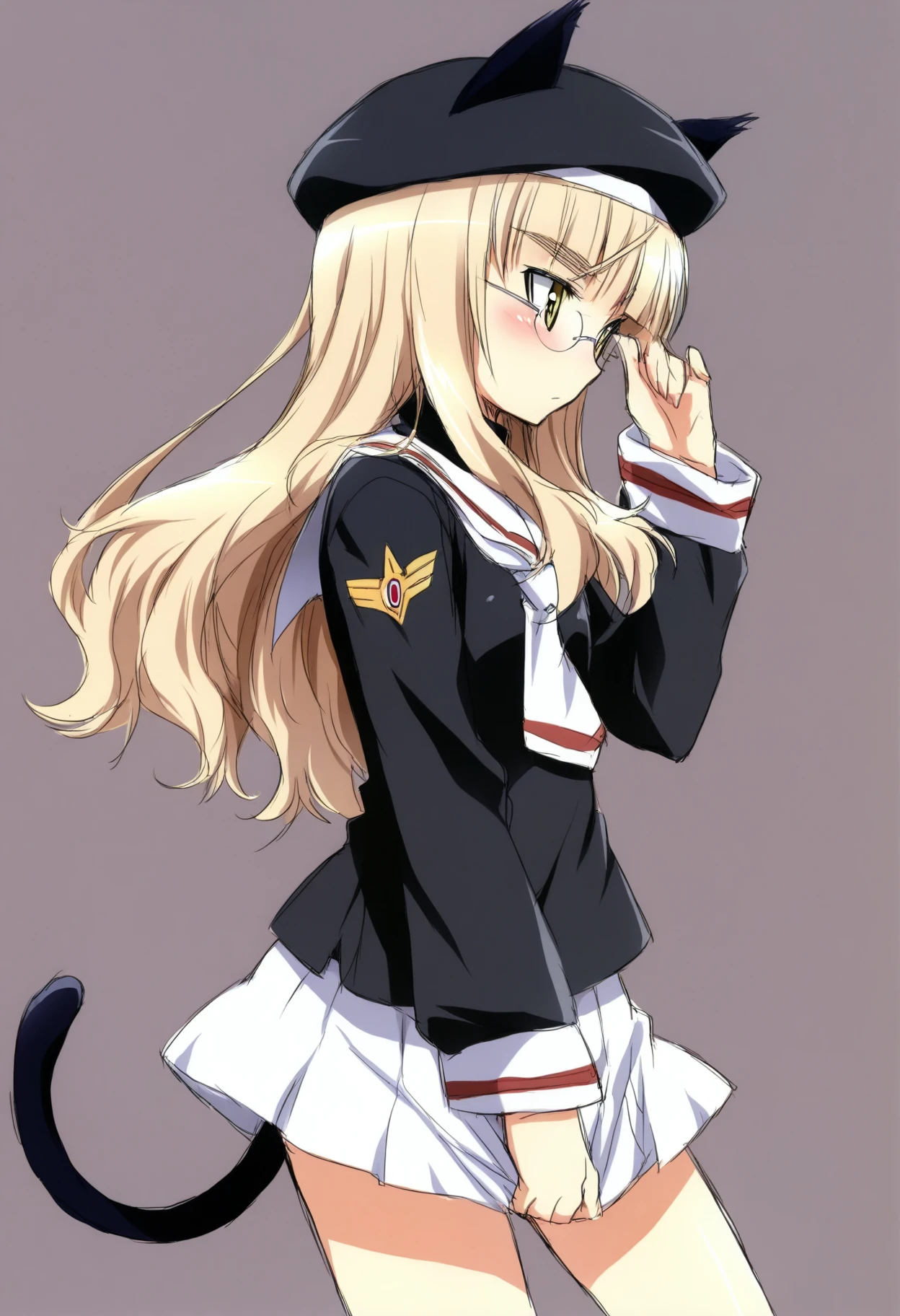 masterpiece, 1girl, solo, perrine h. clostermann, world witches series, 1girl, cat girl, cat ears, cat tail, yellow eyes, glasses, long hair, blonde hair, (tomoeda elementary school uniform, black serafuku, puffy long sleeves, white sailor collar, white necktie, white skirt, untucked shirt, white beret, cosplay), cowboy shot, simple background, long hair, from side, 