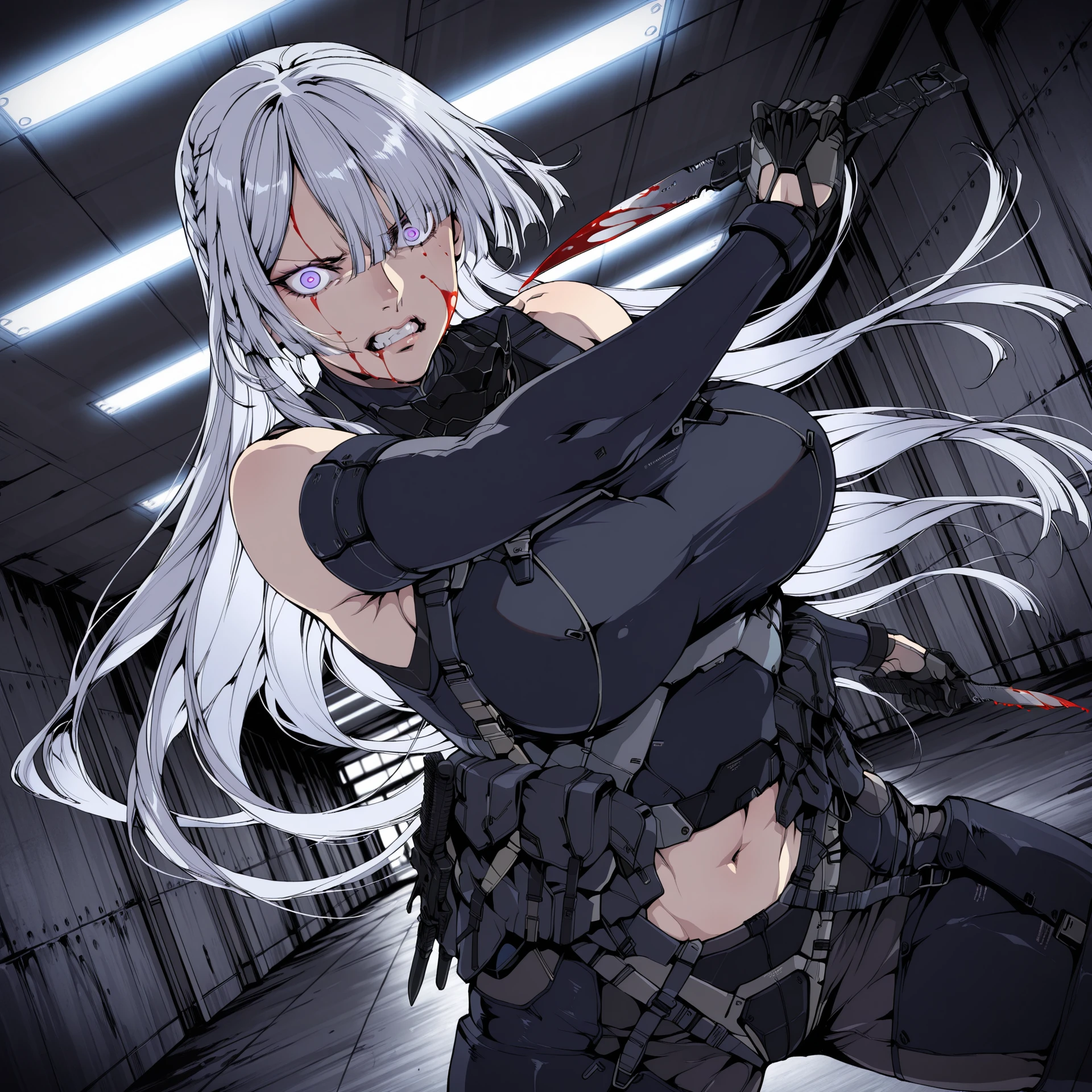 masterpiece,best quality,amazing quality, detailed face, detailed clothes, detailed body, yoji_shinkawa, 1girl, solo, ak-15 \(girls' frontline\), 1girl, solo, long hair, large breasts, navel, bare shoulders, purple eyes, braid, grey hair, sleeveless, blood on face,dynamic pose,fighting stance, looking at viewer, holding knife, dual wielding, combat knife, blood on knife, reverse grip, creepy eyes, crazy eyes, angry, clenched teeth, constricted pupils, glowing eyes, cowboy shot, dutch angle, indoors, Ceiling light, bunker, hallway, concrete walls, <lora:ak15:1> <lora:DynamicPoseIL2att_alpha1.0_rank4_noxattn_900steps_1507569:2><lora:Yoji_Shinkawa_style__Illustrious:0.7>