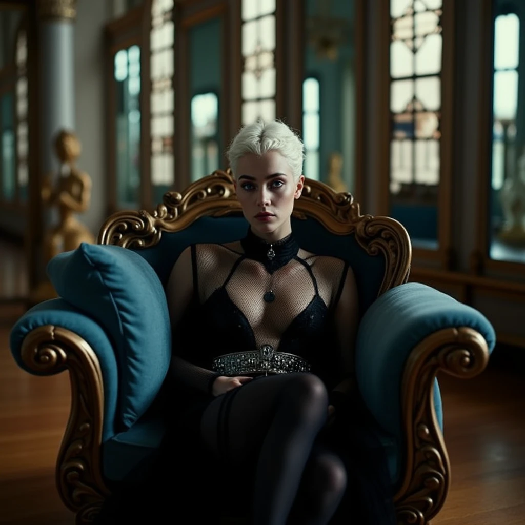 Ultra quality, faded photo, old photo effect, analog photography, A woman with short platinum hair and intense gray eyes lounges in a baroque armchair in a vast mirrored ballroom, her attire an avant-garde fusion of Victorian mourning dress and punk rock edge—corseted black mesh bodice, torn tulle skirt, thigh-high fishnets and silver hardware belt, candlelight reflecting fractal-like through surrounding mirrors, half-body shot on Leica SL2 with analog-inspired filter, extreme sharpness on facial features with dramatic cinematic color grade and flare.,ethph,ethersty