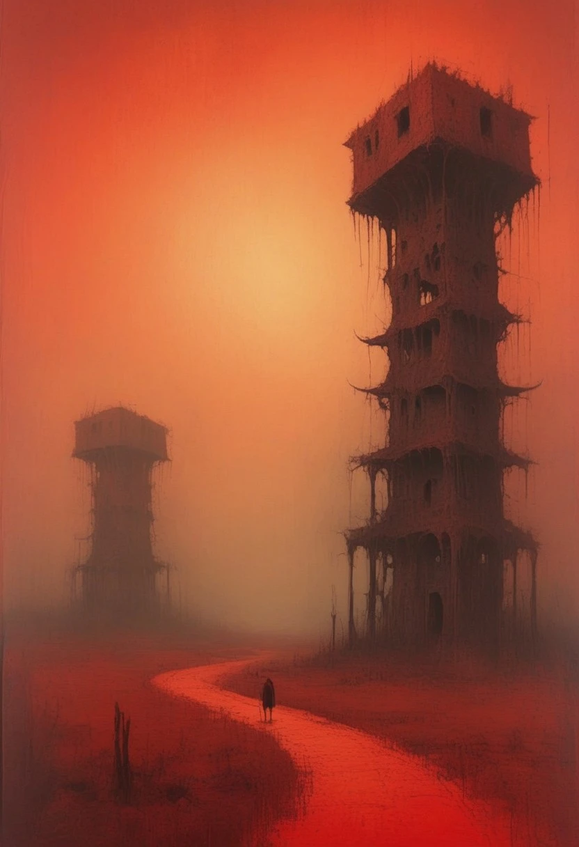 Nixpaint, dark surreal landscape in Beksinski style, twisted organic structures, haunting skeletal forms emerging from fog, decayed ruins under a blood-red sky, textured gritty brushstrokes, muted desaturated palette with rusty browns and deep blacks, eerie and nightmarish mood