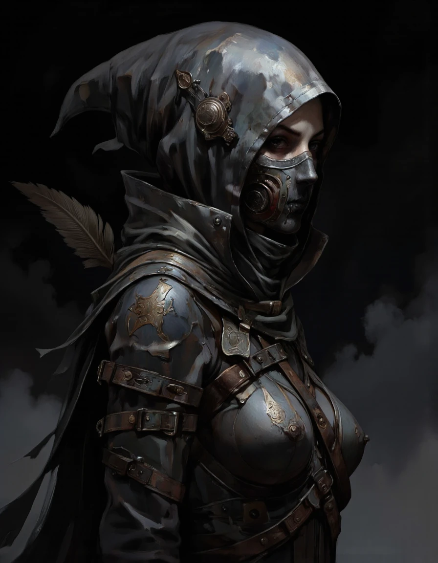 By JoFoGriGreToc.
A portrait of a woman hunter dressed in a dark and ominous outfit. The person is wearing a black hooded cloak with a hood that covers their face and upper body. The cloak is made of a shiny, metallic material and has intricate designs and patterns on it. The hood is also covered with a black mask that covers the person's eyes and nose. On the left side of the person, there is a large, pointed headpiece with a feather-like design. The background is dark and foggy, creating a dramatic and ominous atmosphere. The overall mood of the image is ominous and foreboding. Bloodborne art.