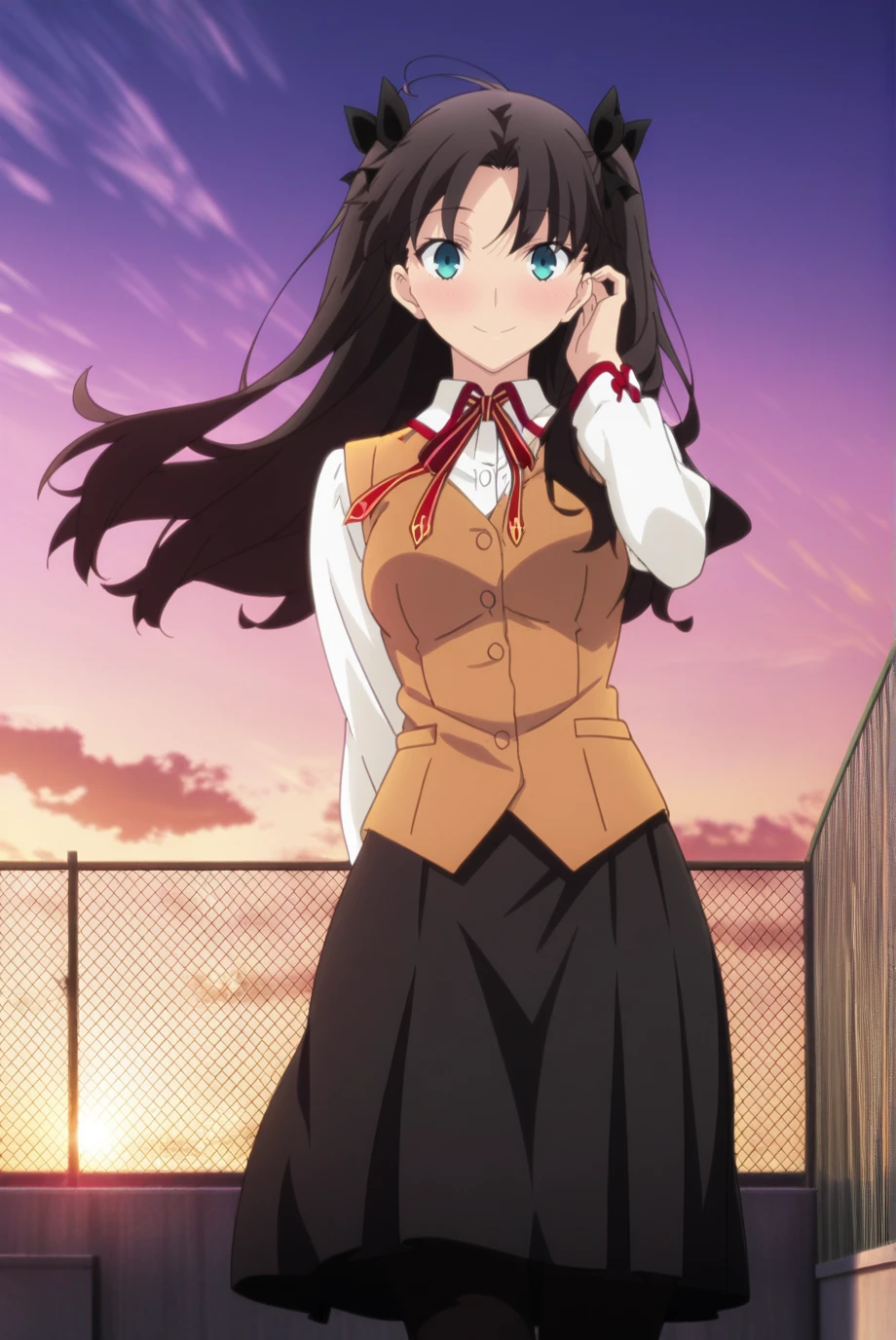 absurdres, masterpiece, best quality, very aesthetic, 1girl, solo,
<lora:TohsakaRin-IL-v1-08:0.9>, ChopioTohsakaRin, black hair, long hair, two side up, parted bangs, hair ribbon, aqua eyes, looking at viewer,
anime coloring, medium breasts,
outfit_1, white shirt, collared shirt, neck ribbon, brown vest, black skirt, pleated skirt, long skirt, black pantyhose,
rooftop, chain-link fence, dusk, gradient sky, orange sky, purple sky, clouds, (backlighting:1.2), floating hair, adjusting hair, wind, blush, smile,