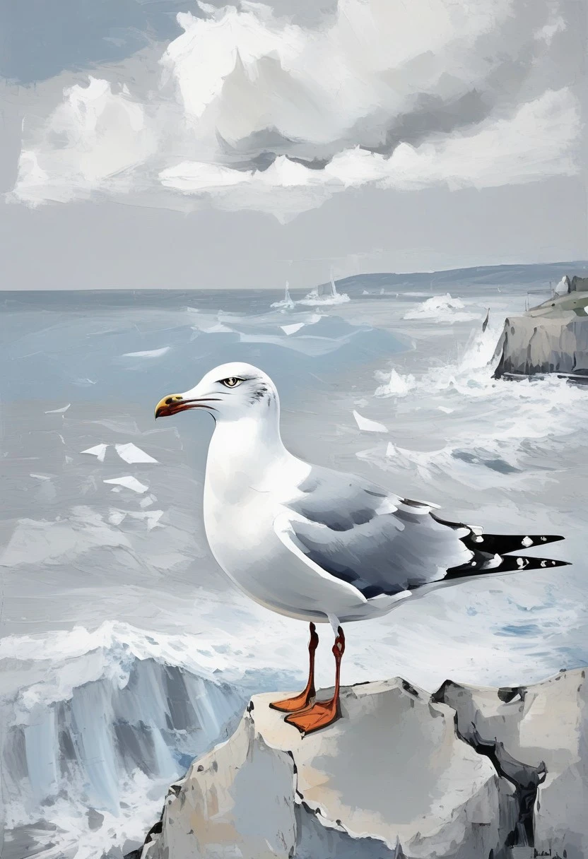 Nixpaint, coastline, seagull, perched on rock, crashing waves below, cloudy sky, cool gray-blue tones, expressive brushwork, high contrast, coastal breeze, long view