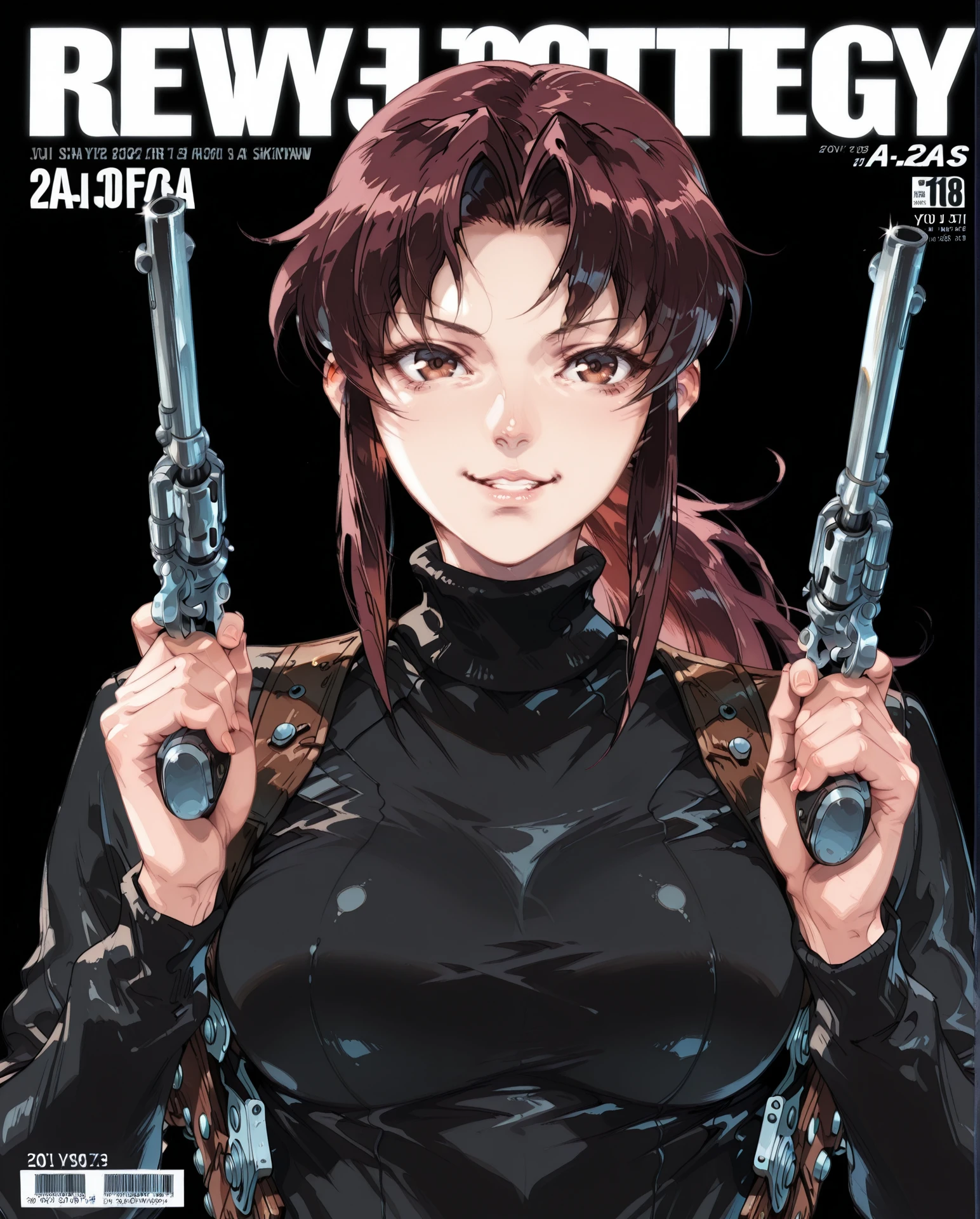 masterpiece,best quality,amazing quality, detailed face, detailed clothes, detailed body, yoji_shinkawa, revy, 1girl, solo, brown hair, brown eyes, holster, ponytail, shoulder holster, long hair, upper body, breasts, black turtleneck, medium breasts, parted lips, sweater, black background, underlighting, es_a_a, revolver, holding revolver, dual wielding, crossed wrists, straight-on, upper body, grin, magazine cover, fake magazine cover, english text, cover, fake cover, price, cover page, text focus, barcode, content rating, dated, <lora:Yoji_Shinkawa_style__Illustrious:0.8> <lora:revy_illustrious_0007:1> <lora:IL_Colt_Single_Action_Army_Revolver:0.8> <lora:magazine-cover-illustriousxl-lora-nochekaiser:1>