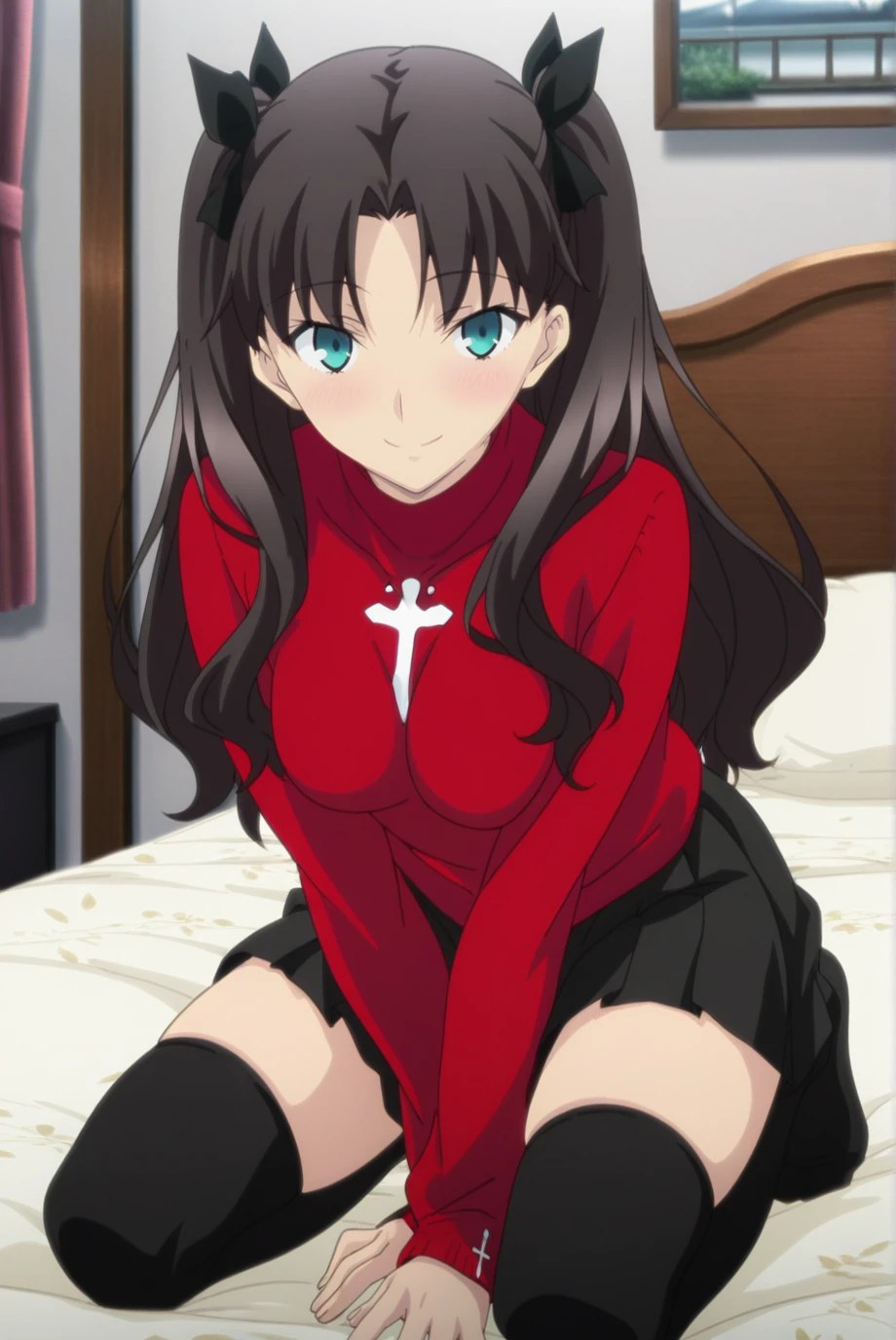 absurdres, masterpiece, best quality, very aesthetic, 1girl, solo,
<lora:TohsakaRin-IL-v1-08:0.9>, ChopioTohsakaRin, black hair, long hair, two side up, parted bangs, hair ribbon, aqua eyes, looking at viewer,
anime coloring, medium breasts,
outfit_2, red sweater, turtleneck, cross, long sleeves, black skirt, pleated skirt, zettai ryouiki, black thighhighs,
bedroom, bed, kneeling, seductive smile, (blush:1.2), (skindentation:0.8), feet,