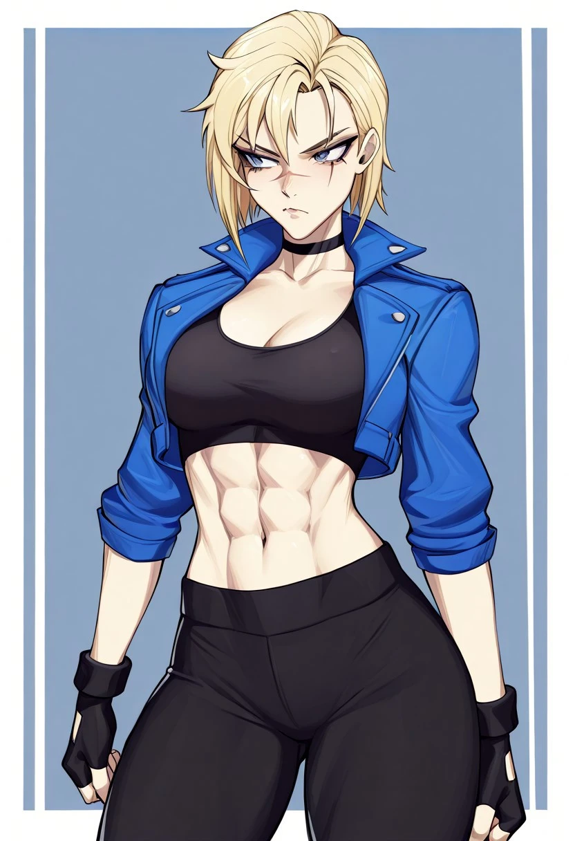 score_9, score_8_up, score_7_up, BREAK 1girl, solo, breasts,  cammySDXL, short hair, blue eyes, blonde hair, navel, jacket, open clothes, choker, midriff, pants, open jacket, lips, crop top, black choker, scar, abs, antenna hair, blue jacket, scar on face, forehead, cropped jacket, toned, sports bra, nose, tight, tight pants, yoga pants, black sports bra, denim jacket
