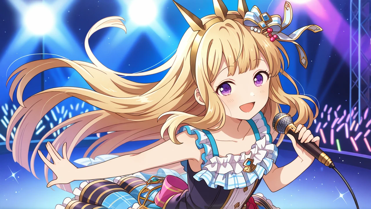 masterpiece, best quality, amazing quality, very aesthetic, absurdres, newest, anime screencap, <lora:cagliostroILM:1>, cagliostro (granblue fantasy), very long hair, blonde hair, hair ornament, floating hair, purple eyes, solo, cute, smile, collarbone,, artist:happy elements, artist:na5san, official_art, artist:namori, artist:4 (nakajima4423), artist:iizuna haruko, artist:heidbd, artist:riri (riri nemuioo0), artist:coeda, ensemble stars!, colorful,, idol, open mouth, holding, holding microphone, microphone, dress, frills, frilled dress, bare shoulders, idol clothes, sleeveless, stage, stage lights, striped clothes,