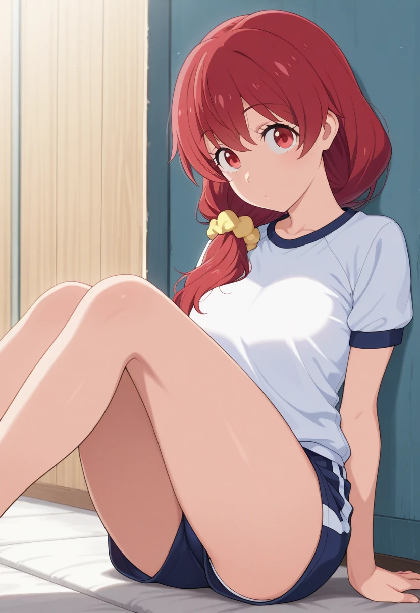 room, 1 Girl, Highest quality, Ultra-high resolution, Long Hair, Redhead, Green Eyes,Looking at the audience, Small breasts , smile, Open your mouth、(Navy blue cuffs and white short-sleeved gym uniform)、(Navy Blue Bloomers)、(
barefoot)、Navy blue socks、Sit on a chair、Sexy pose