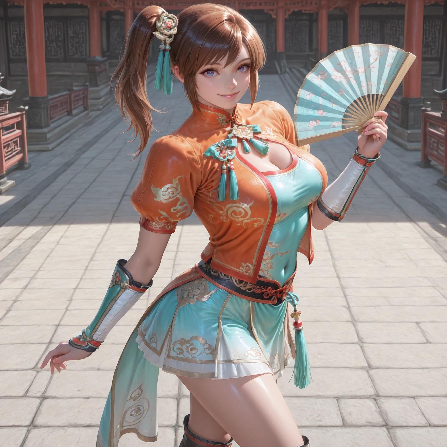 (masterpiece, best quality,realistic:1.3),absurdres,(looking at viewer, collarbone,),(shiny_eyes,sparkling_eyes,smile:1.2),
XiaoQiao,1girl,solo,hand fan,brown hair,ponytail,folding fan,boots,skirt,puffy sleeves,holding,knee boots,vambraces,blue eyes,short sleeves,chinese clothes,
side ponytail,orange jacket,tassel,hair ornament,aqua ribbon,jacket,ribbon,green ribbon,dress,puffy short sleeves,puffy sleeves,
cleavage,large breasts,bouncing breasts,outdoors,covered navel,<lora:aidmaImageUpgrader-v0.3-IL:0.6>,<lora:XiaoQiao(IL):0.7>,