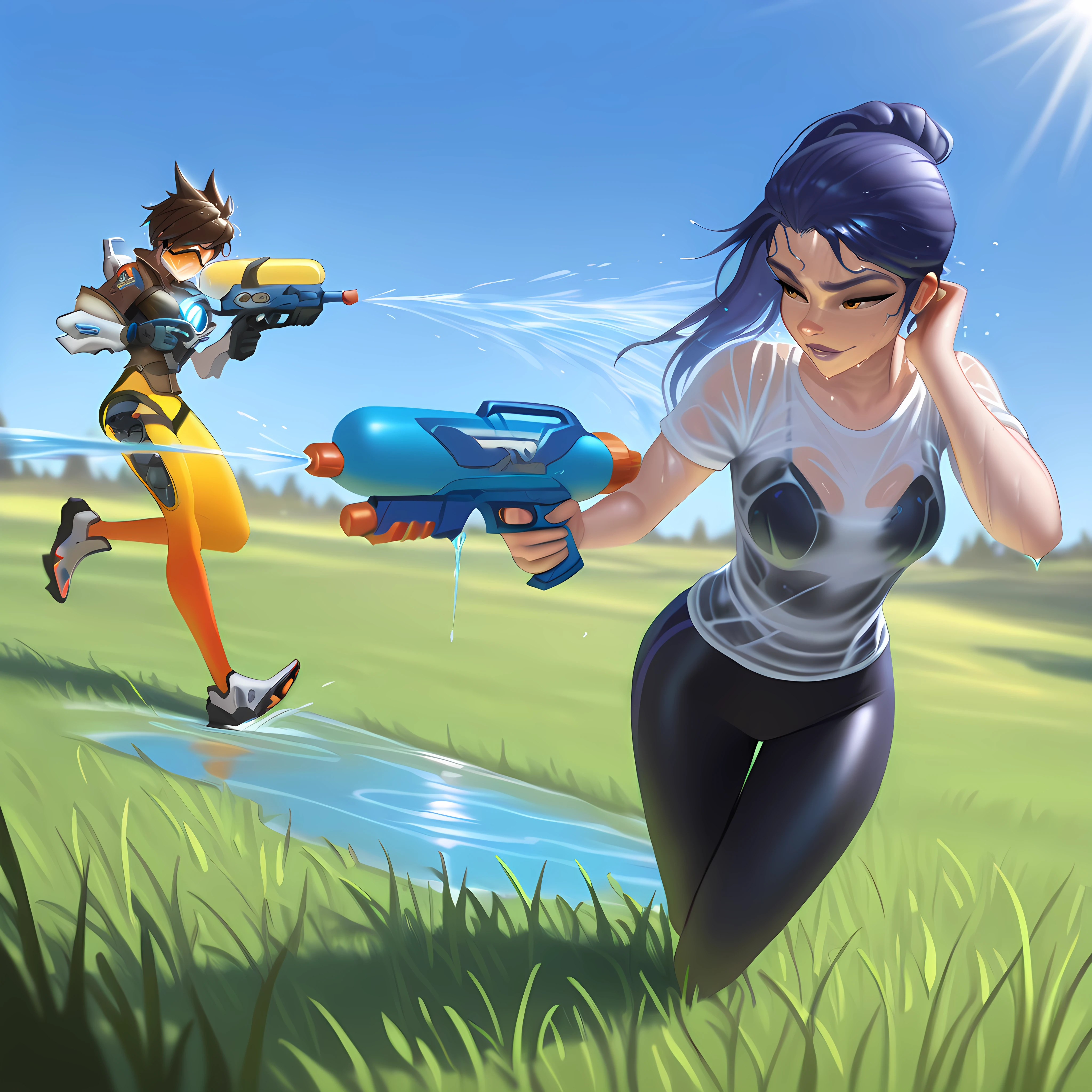 Masterpiece, newest, perfect quality, best quality, 2girls, tracer overwatch, widowmaker overwatch, w4t3rgn, holding water gun, outdoors, sunlight,wet clothes, wet hair, grass, sunlight, blue sky, shooting water