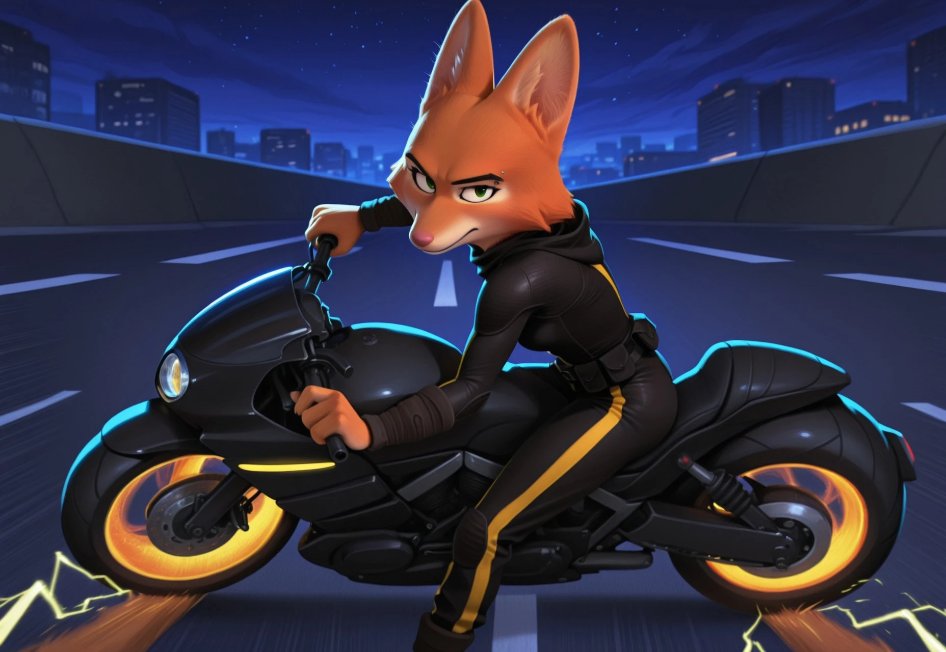 uncensored, masterpiece, best quality, highly detailed, realistic, 1girl, solo, looking at viewer, (DianeTBG, female furry, anthro, fox, cheek tuft, black eyebrows, silver eyebrow piercing, green eyes, pink nose, orange body, orange fur, tan body, tan fur, two tone body, two tone fur, black bodysuit, jumpsuit, black utility belt, yellow stripes, feet out of frame), serious look, closed mouth, ((night sky)), ((4 fingers)), akira_slide, ground vehicle, motorcycle, on motorcycle, road, city, electricity, speed lines, narrowed eyes