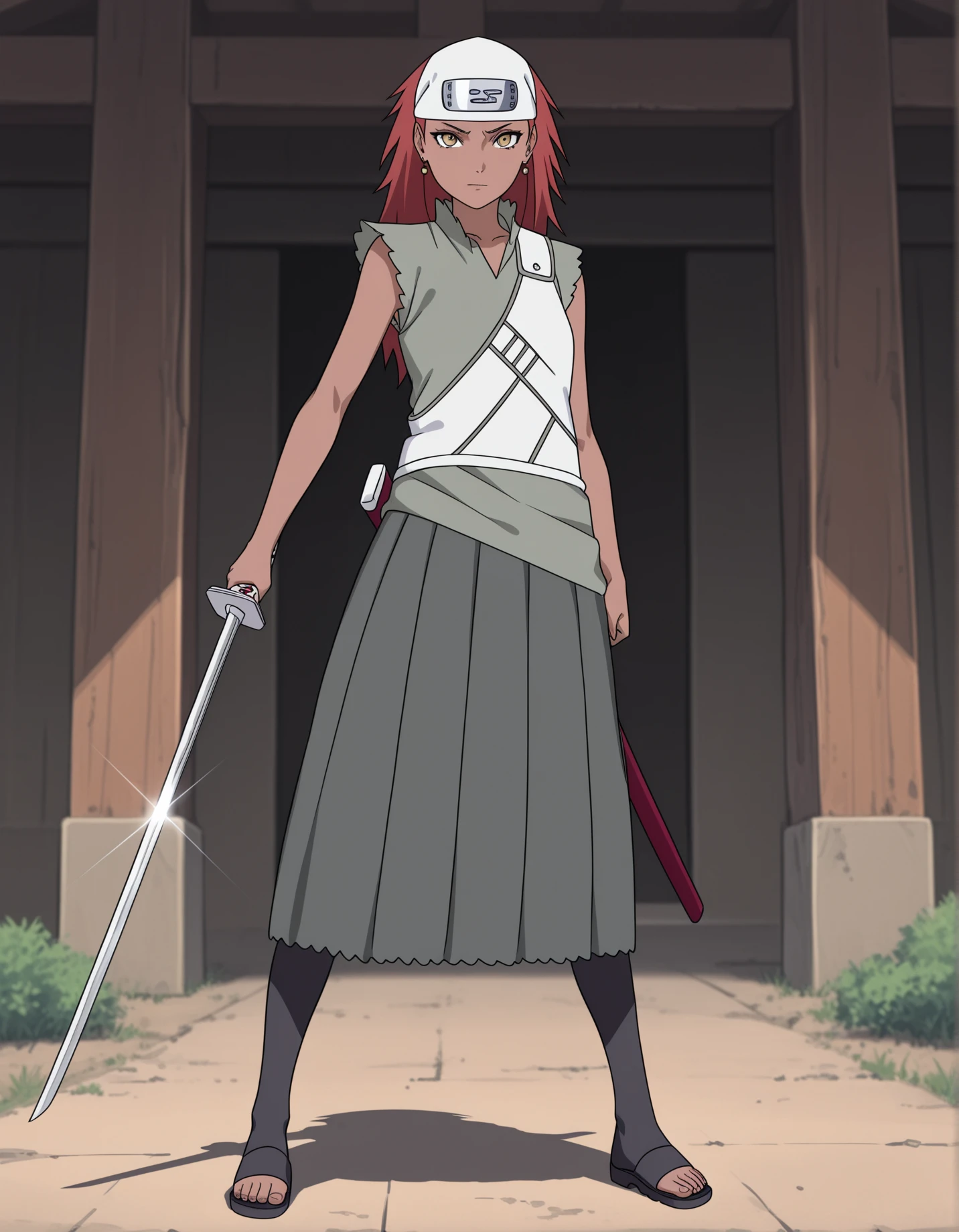 masterpiece,best quality, absurdres, highres,  <lora:Karui Illu:0.9> karuiillu, forehead protector, green shirt, grey skirt, white vest, earrings, looking at viewer, outside, holding weapon, katana, sandals, standing, pointing sword,